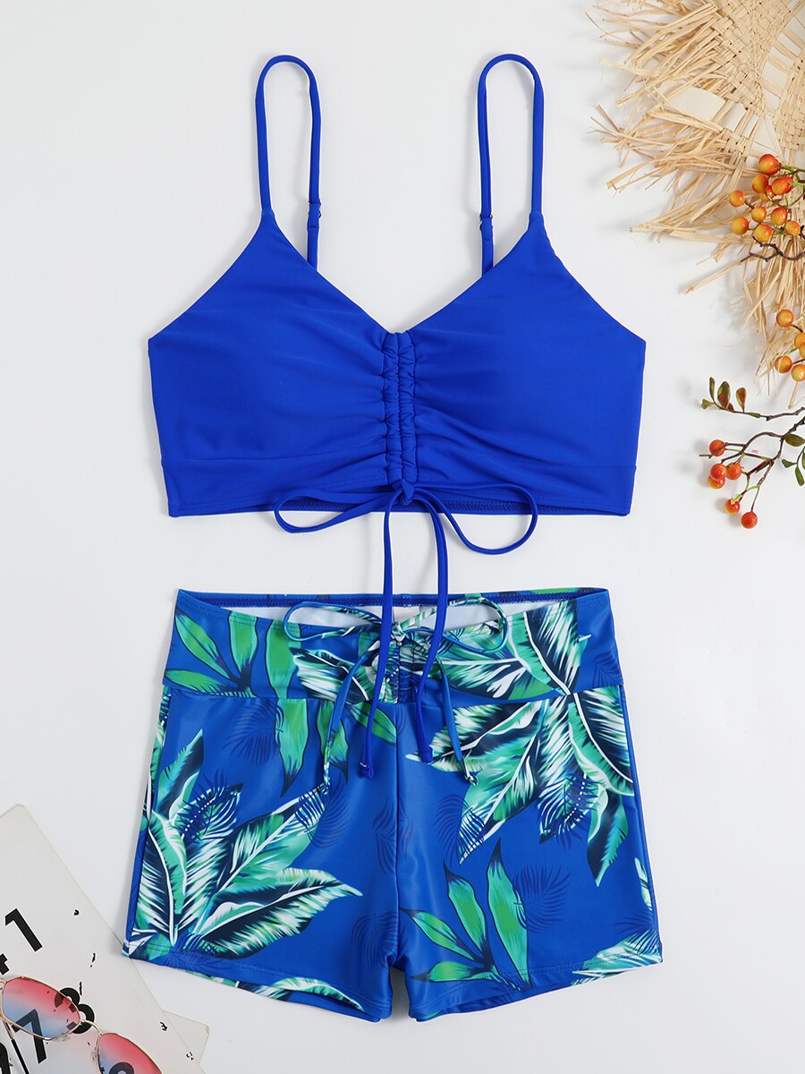 Women's Tropical Print Drawstring Bikini Swimsuit - Sexy Two Piece Bathing Suit for Beach & Pool - Perfect for Summer Vacation, Swimwear for Women