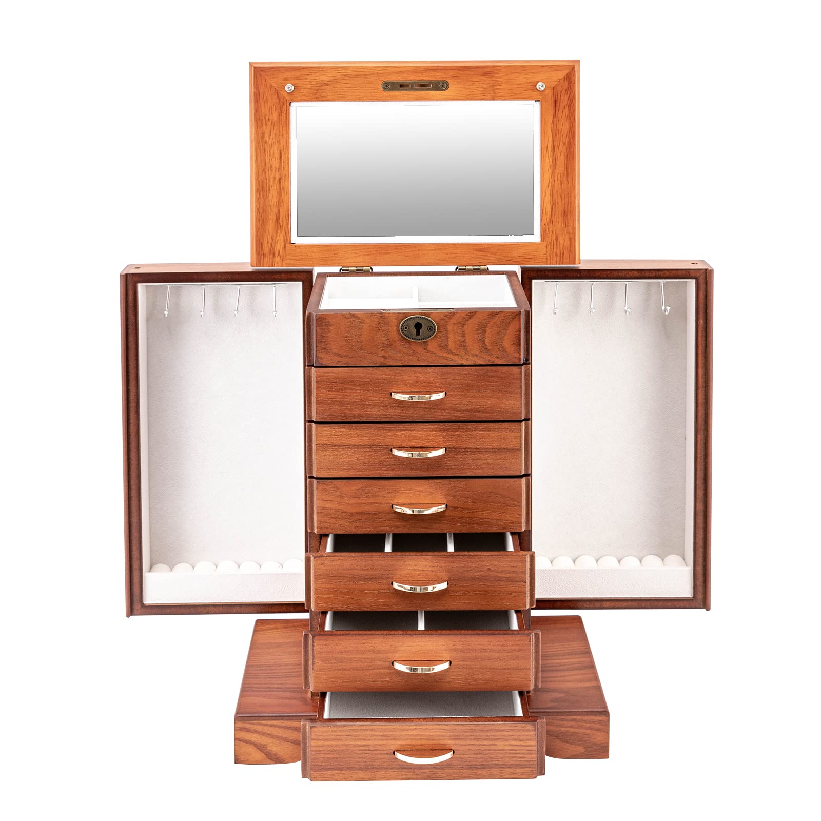 7-Layer Wooden Jewelry Organizer Box for Women - Large Rustic Storage with Drawers & Mirror for Necklaces, Earrings, Rings & Bracelets - Perfect for Bedroom, Dressing Table & Living Room Decor (Walnut)
