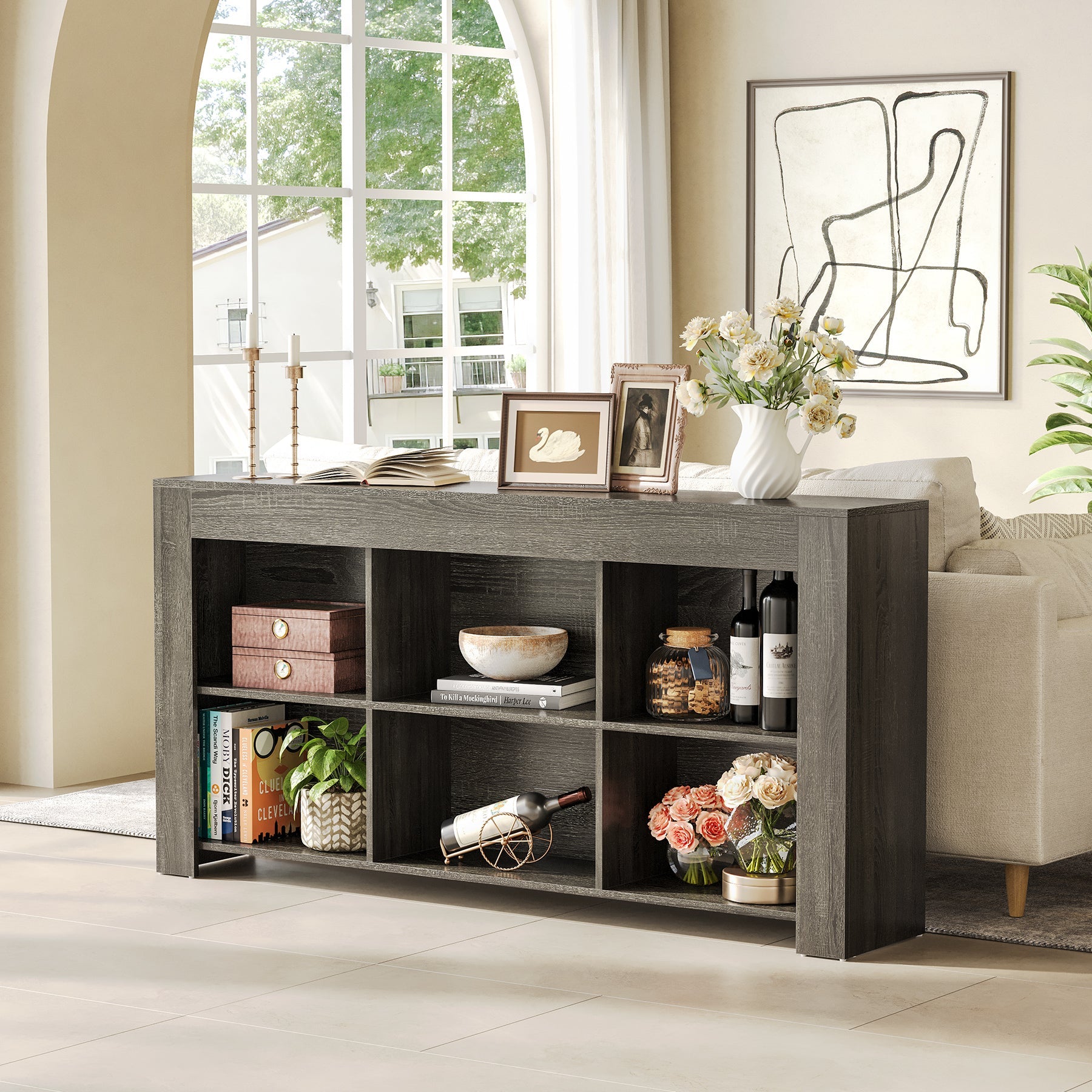 Rustic Wood Sofa Table with 6 Storage Cubes - Entryway Console Table for Living Room, Hallway & Home Decor