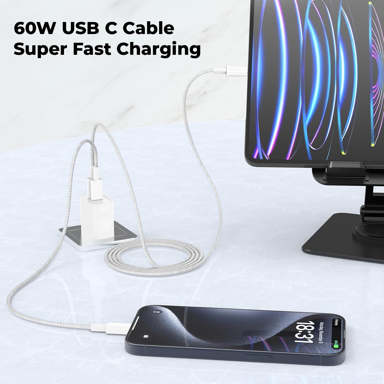 60W Fast Charging USB C to USB C Cable for Samsung Galaxy A36/A56/A35/A55/Tab S10/S9/S8/S7/S6 Lite/A9/A8/A7 - High-Speed Charger for Phones & Tablets (White) - Perfect for Home, Office & Travel Charging