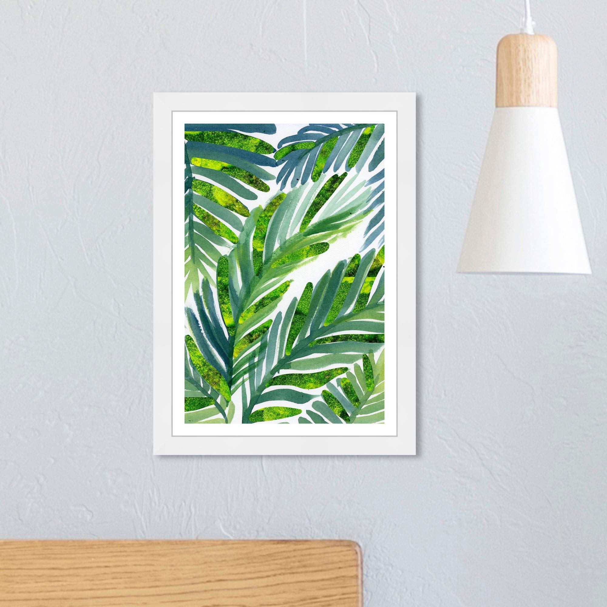 Wynwood Studio Floral Wall Art Framed Print 'Hojas de Palma Moss' - 13x19 Inch Botanical Home Decor in Green & White - Perfect for Living Room, Bedroom or Office Decoration