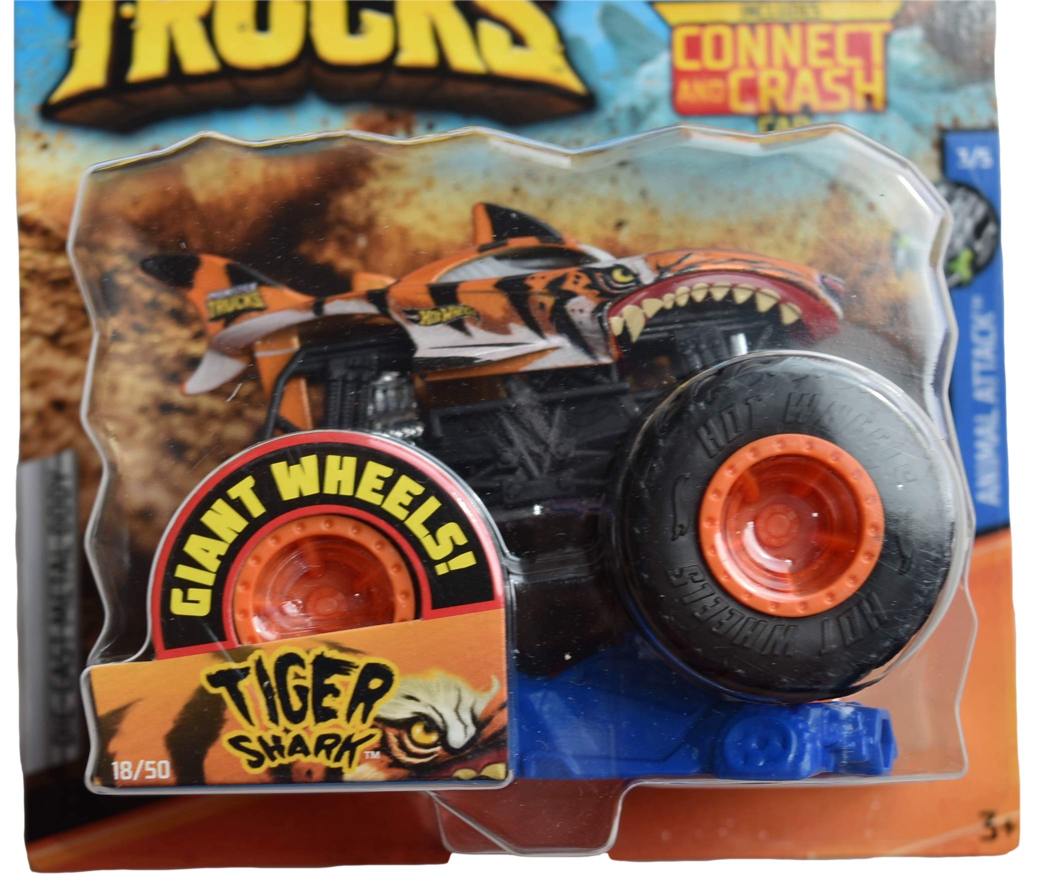 Hot Wheels Monster Trucks Tiger Shark 1:50 Scale Die-Cast Connect & Crash Car - Collectible Toy for Kids & Adults - Perfect for Racing, Stunt Shows & Display Collections