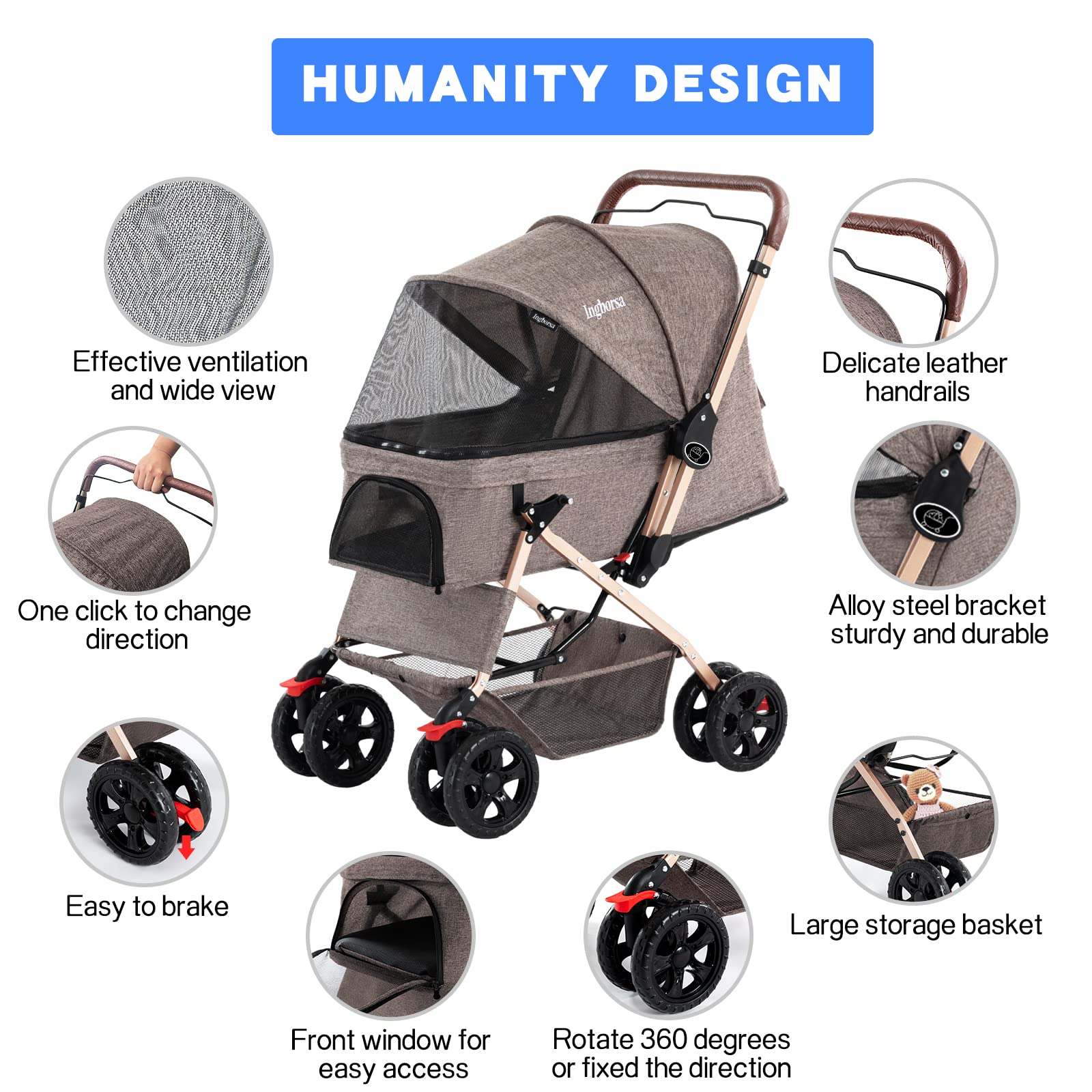 Premium Pet Stroller for Small & Medium Dogs & Cats - 4-Wheel Folding Carrier with Weatherproof Cover & Storage Basket - Ideal for Outdoor Walks, Vet Visits & Travel (Gold)