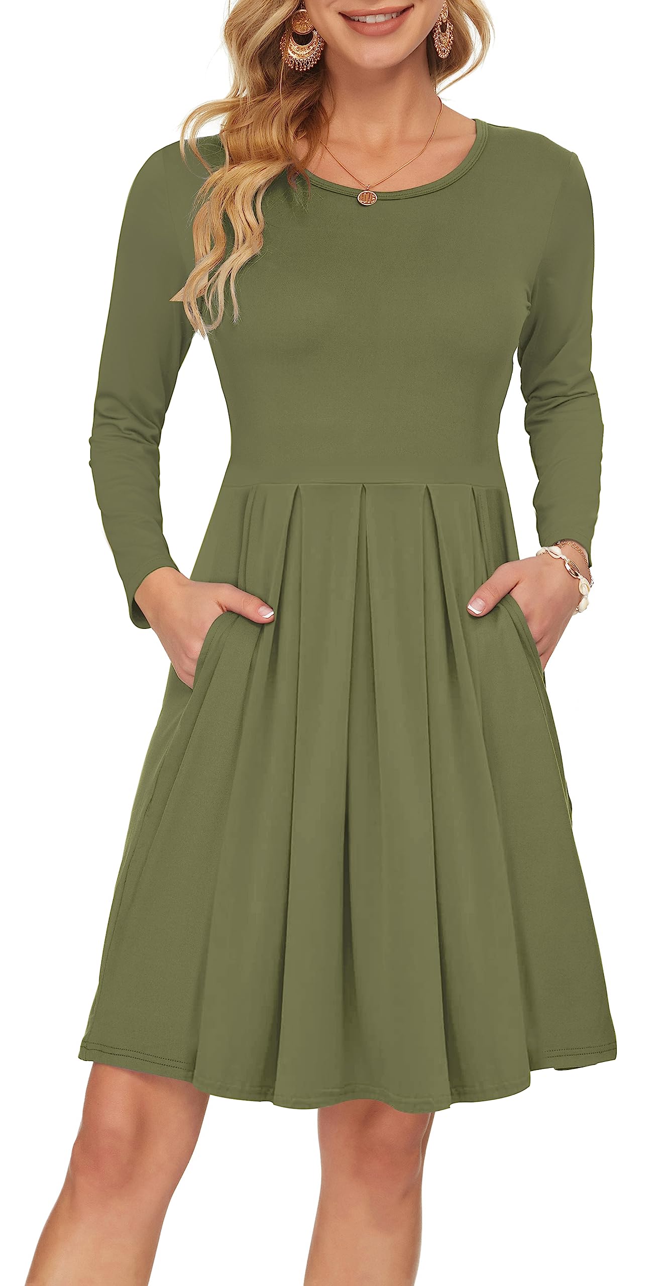 AUSELILY Women's Long Sleeve Pleated Swing Dress - Loose Casual Knee Length Dress with Pockets | 2025 New Collection | Perfect for Office, Date Night & Fall Outfits