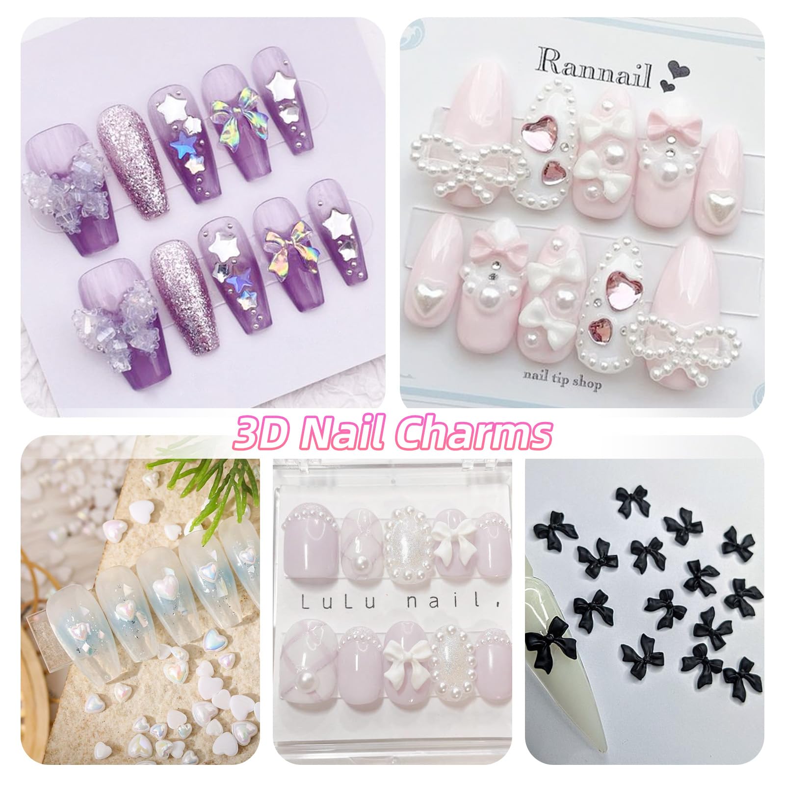 2 Boxes 3D Nail Art Charms Set - Bow, Bowknot, Butterfly, Flower, Half Round Pearl & Rhinestone, Star, Heart Pearls for DIY Nail Designs | Perfect for Salon, Home Manicure, Nail Art Enthusiasts & Gift Giving