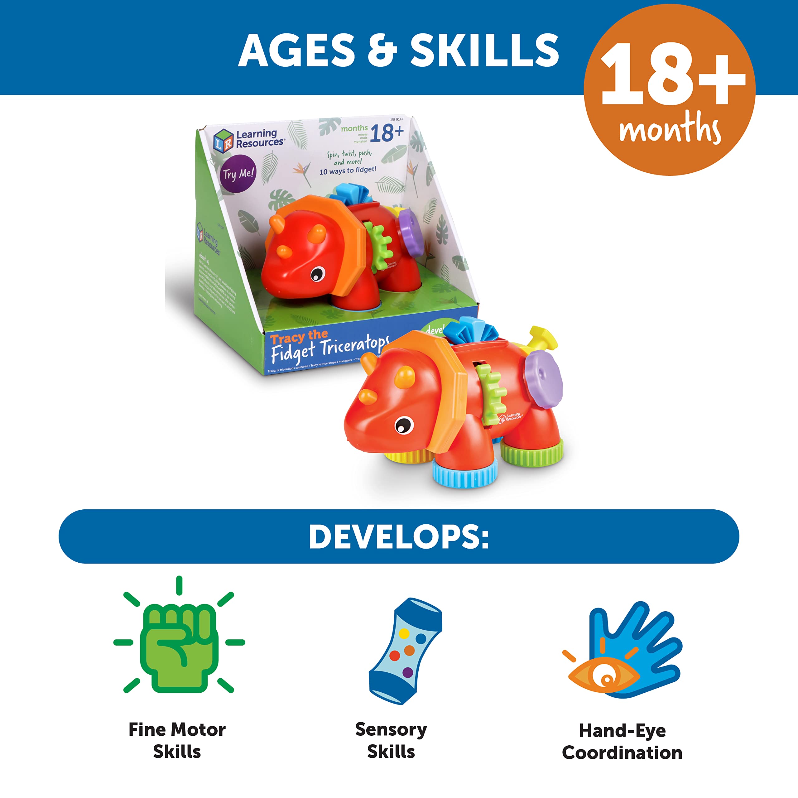 Learning Resources Tracy The Fidget Triceratops - Dinosaur Sensory Toys for Toddlers & Kids, Anxiety Relief Fidget Toy, Autism & ADHD Stress Relief, Travel & Classroom Sensory Toys for Children (Great for Home, School & Car Rides)