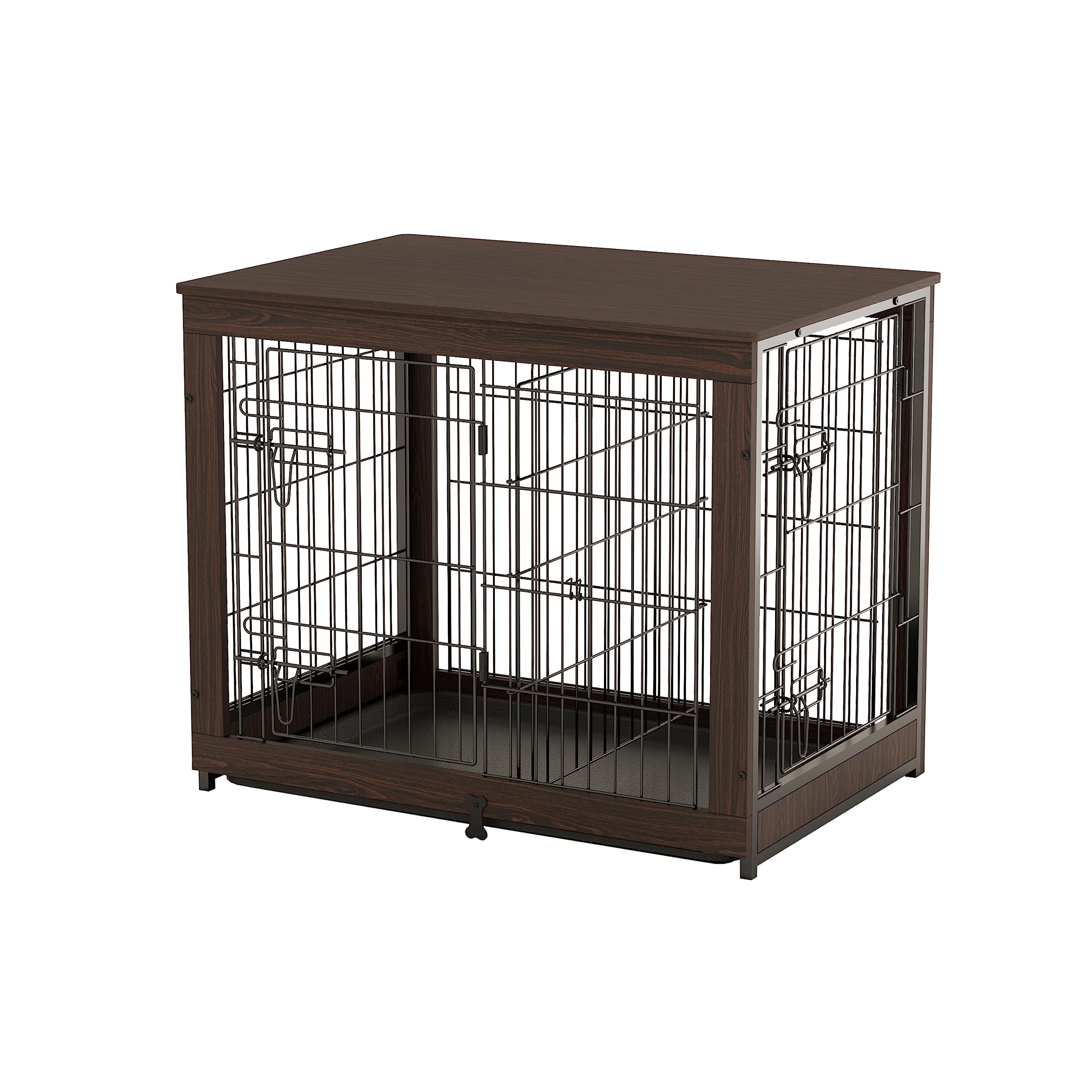 Piskyet Wooden Dog Crate Furniture with Divider Panel - Dog Crate End Table with Removable Slide Tray, Double Door Indoor Dog Kennel for Large Medium Dogs - Brown Walnut Finish - Perfect for Living Room, Bedroom & Home Decor