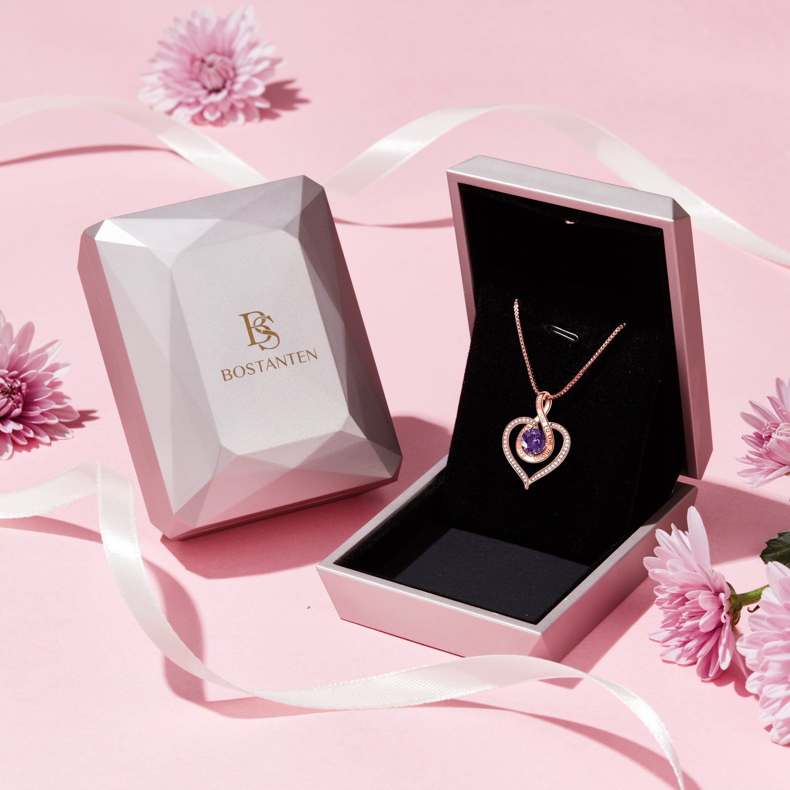 BOSTANTEN Love Heart Pendant Necklace for Women - Silver & Rose Gold Crystal Birthstone Jewelry, Valentine's Day Birthday Gift for Her, 18+2 Inch Adjustable Chain | Perfect for Anniversary, Wedding, Party & Everyday Wear
