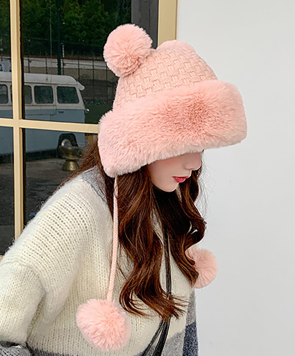 Women's Winter Pompom Beanie Hat - Soft Fluffy Knit Faux Fur Crochet Skull Cap with Ear Warmers for Cold Weather | Cozy Outdoor Activities, Snow Days & Fashion Accessory