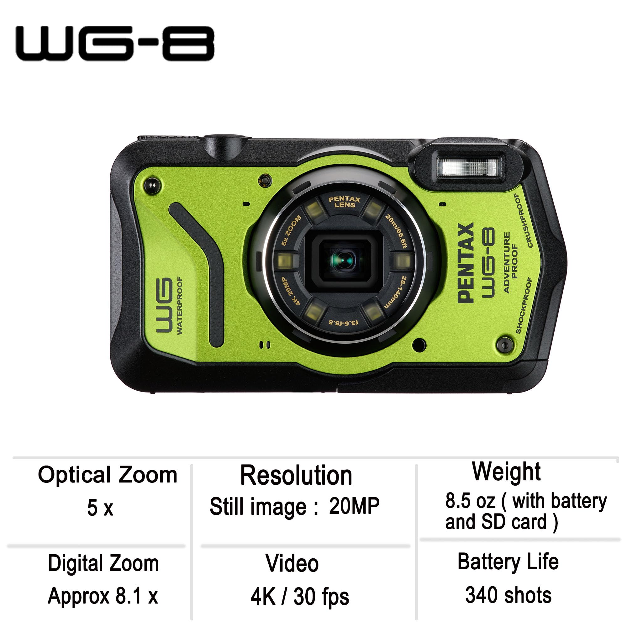 **PENTAX WG-8 Green Waterproof Digital Camera - Shockproof, Dustproof, 4K Video, Macro Ring Light for Outdoor Adventure, Travel & Vlogging**    **Usage Scenarios:** Perfect for hiking, snorkeling, extreme sports, travel vlogging, and macro photography.