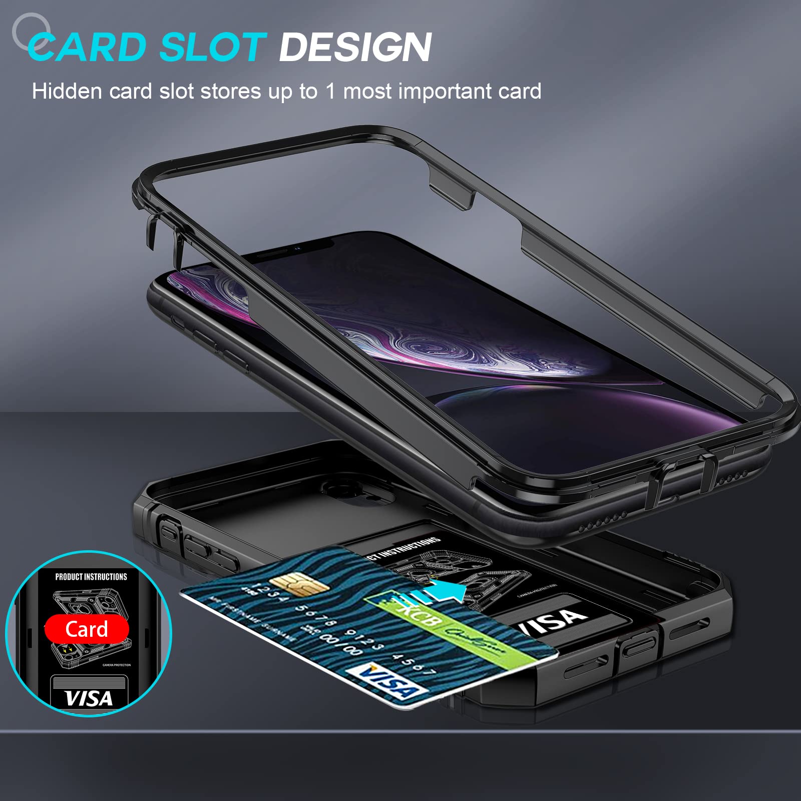 LeYi iPhone XR Case with Slide Camera Cover - Military Grade Full Body Protection + 2 Pack Tempered Glass Screen Protector & Ring Holder - Black | Perfect for Outdoor Activities, Travel and Daily Use