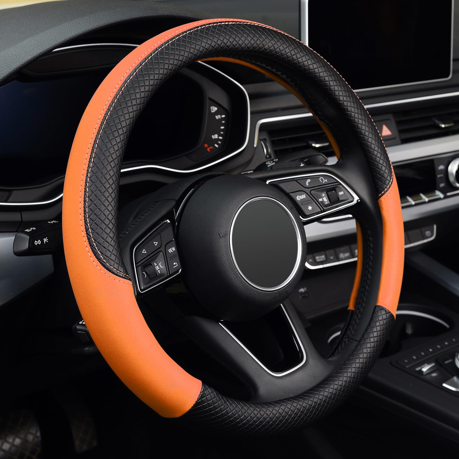 LABBYWAY Universal 15 Inch Microfiber Leather Steering Wheel Cover - Non-Slip Grip, Durable Car Wheel Protector (Orange) | Perfect for Daily Commuting & Long Road Trips