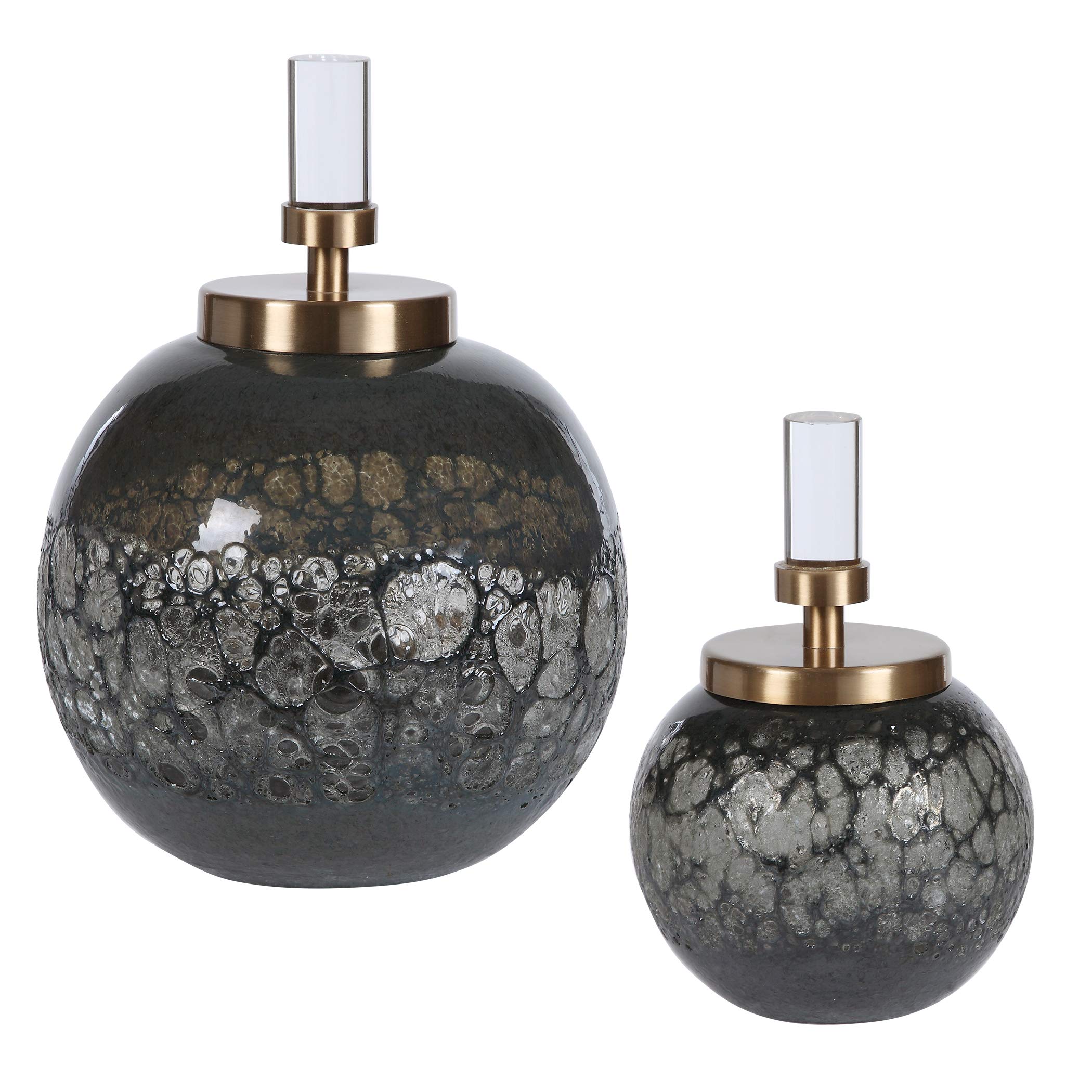 Retro Modern Iridescent Art Glass Bottle Set - 2 Piece Blue Gray Round Sphere Decorative Jars for Home Bar, Wedding Centerpieces & Boho Decor