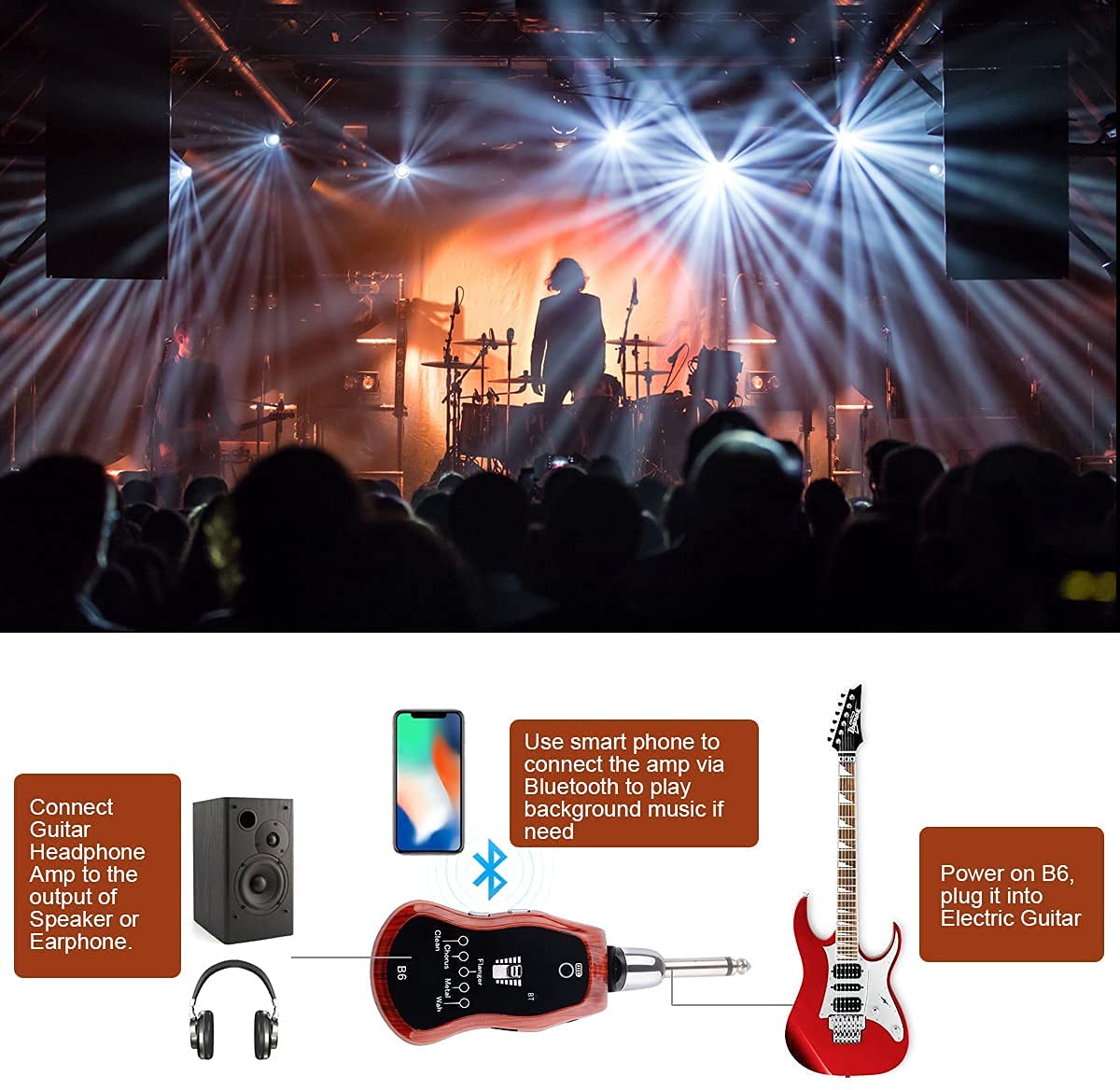 OW Portable Rechargeable Guitar Headphone Amp with Bluetooth - Pocket Guitar Amplifier for Electric Guitar, 5 Effects (Clean/Chorus/Flanger/Metal/Wah) - Perfect for Silent Practice, Home Studio & Travel