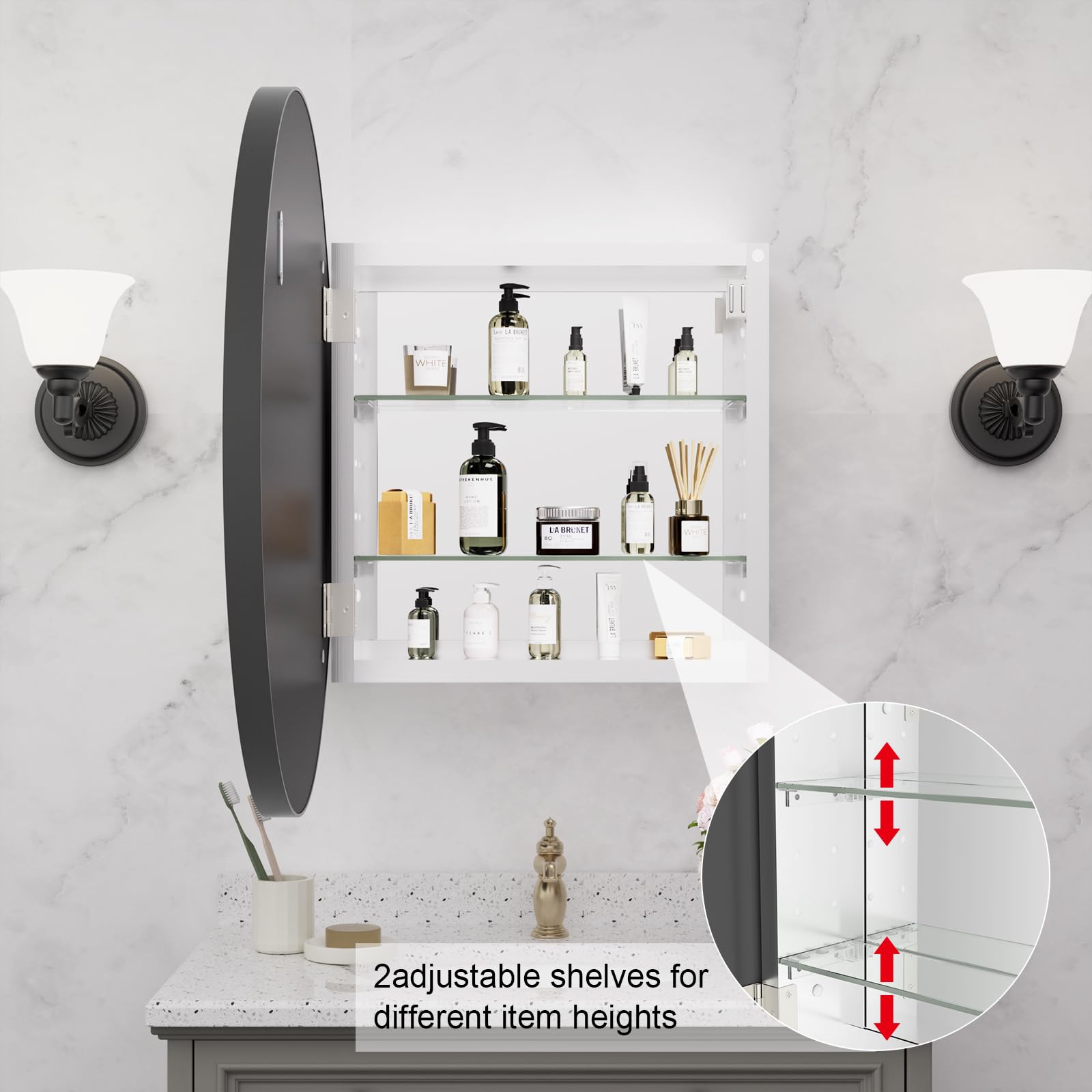 24 Inch Black Round Wall Mounted Medicine Cabinet with Mirror - Aluminum Alloy Metal Frame, Surface Mount Bathroom Storage | Perfect for Small Bathrooms, Powder Rooms & Vanity Areas