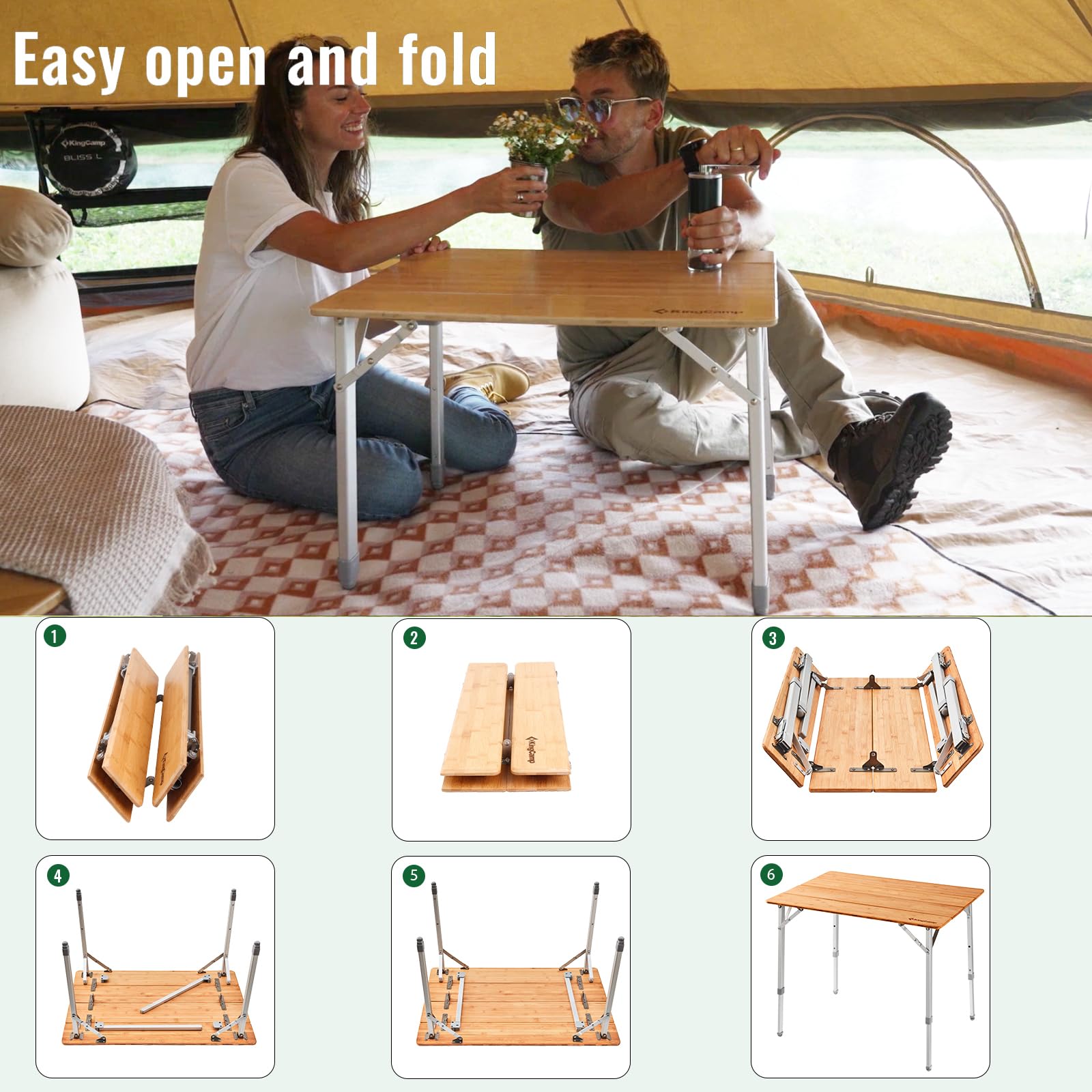 KingCamp 4-Fold Lightweight Bamboo Camping Table with Adjustable Aluminum Legs - Portable Folding Picnic Table for Outdoor, Beach, RV, Camping & Indoor Use - Includes Carry Bag for Easy Transport