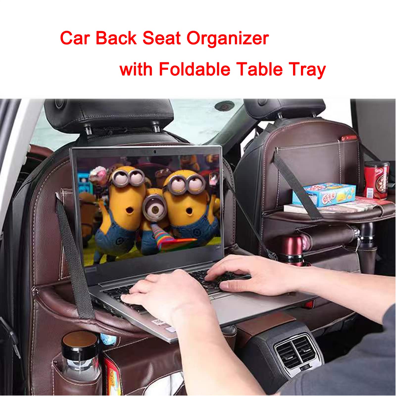 Premium PU Leather Car Backseat Organizer with Foldable Table - Multi-Pocket Storage, Adjustable Buckle Strap - Beige | Perfect for Road Trips, Family Travel & Kids Snack Organization