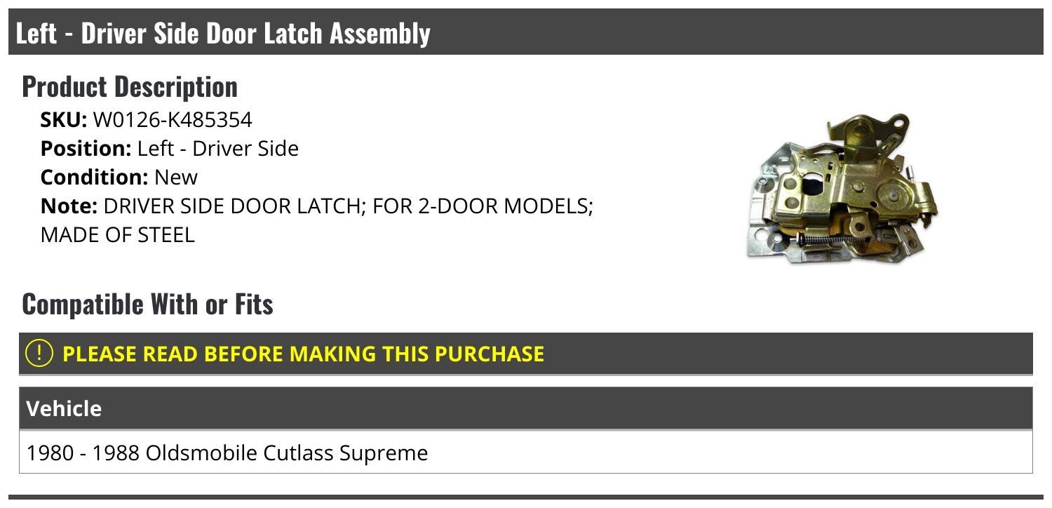 Left Driver Side Door Latch Assembly for 1980-1988 Oldsmobile Cutlass Supreme 2-Door - OEM Replacement Part - Perfect for Car Door Repair & Restoration Projects