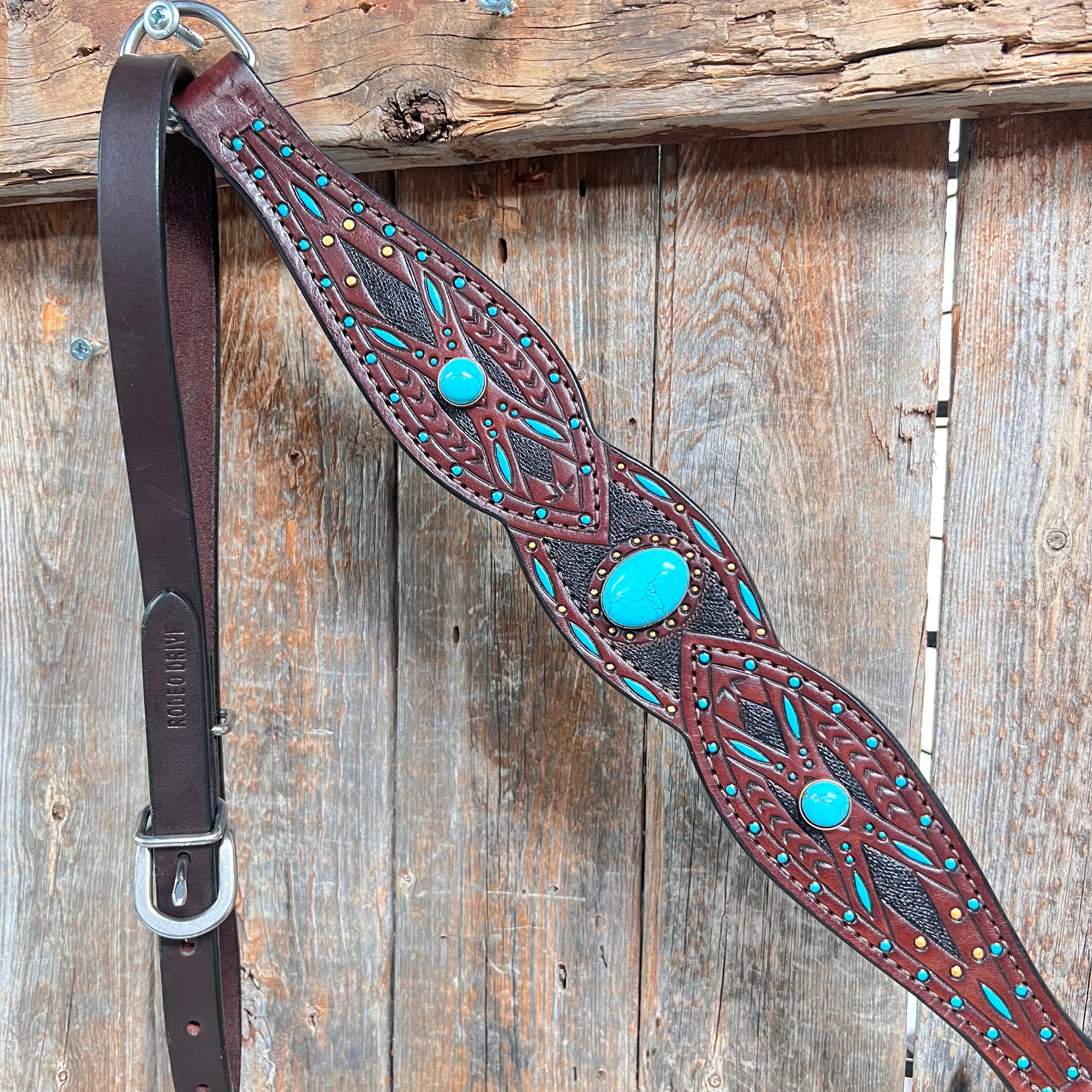 Hand-Painted Turquoise Cabochon Dark Oil Leather Ear & Breastcollar Tack Set #OEBC584 – Perfect for Western Horse Riding & Show Competitions