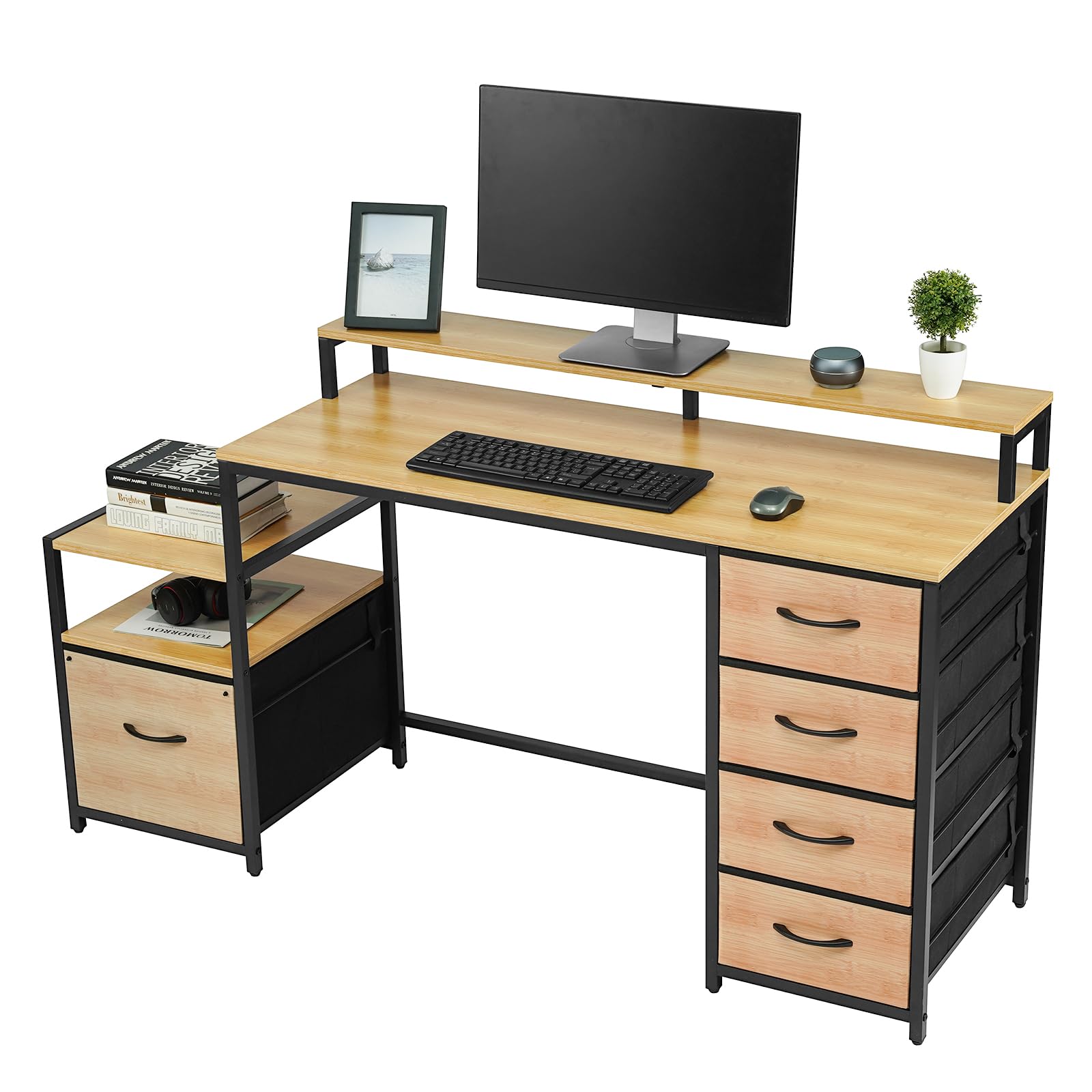 TOPSKY 62.4 Inch Bamboo Computer Desk with Storage Shelf & File Drawer - Home Office Desk with Monitor Stand, Study Table for Letter Size Documents | Perfect for Small Spaces, Remote Work & Online Learning