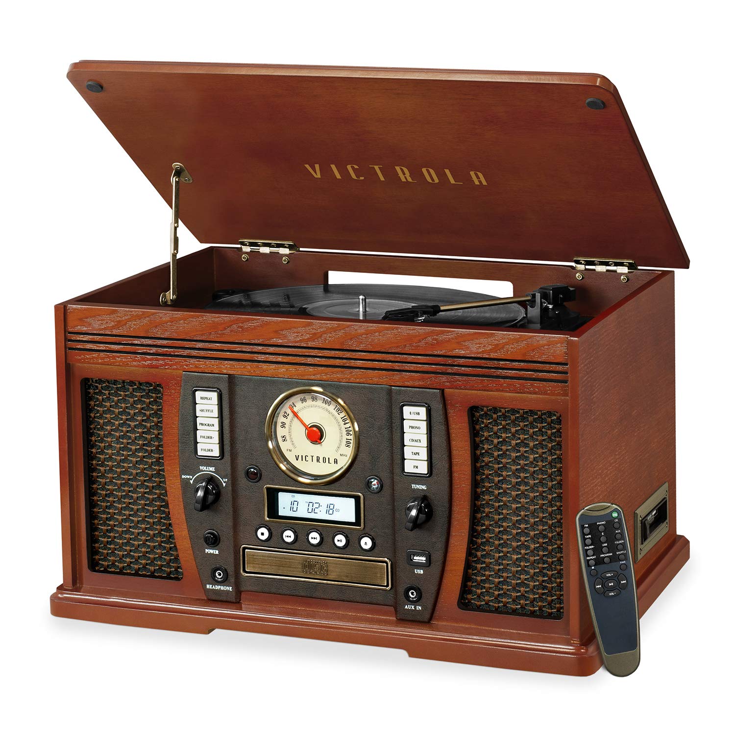Victrola Aviator 8-in-1 Bluetooth Record Player & Multimedia Center with Built-in Stereo Speakers - 3-Speed Turntable, Vinyl to MP3 Recording, Wireless Music Streaming, Mahogany Finish | Perfect for Home Entertainment, Vinyl Collectors & Music Lovers