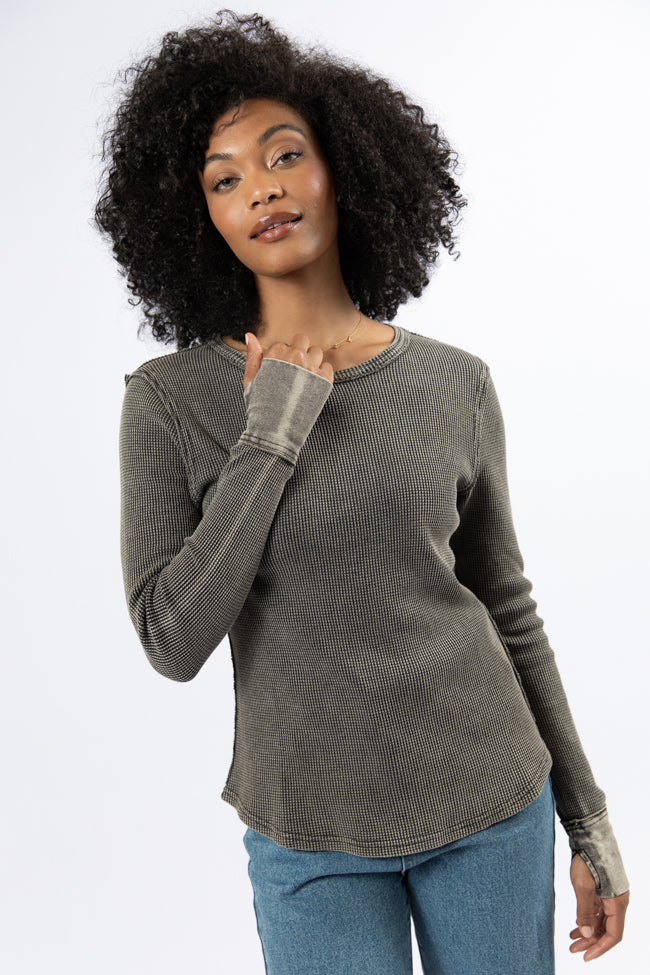 Black Acid Wash Waffle Fitted Tee for Women - Vintage Distressed Cotton T-Shirt - Casual Streetwear & Layering Essential