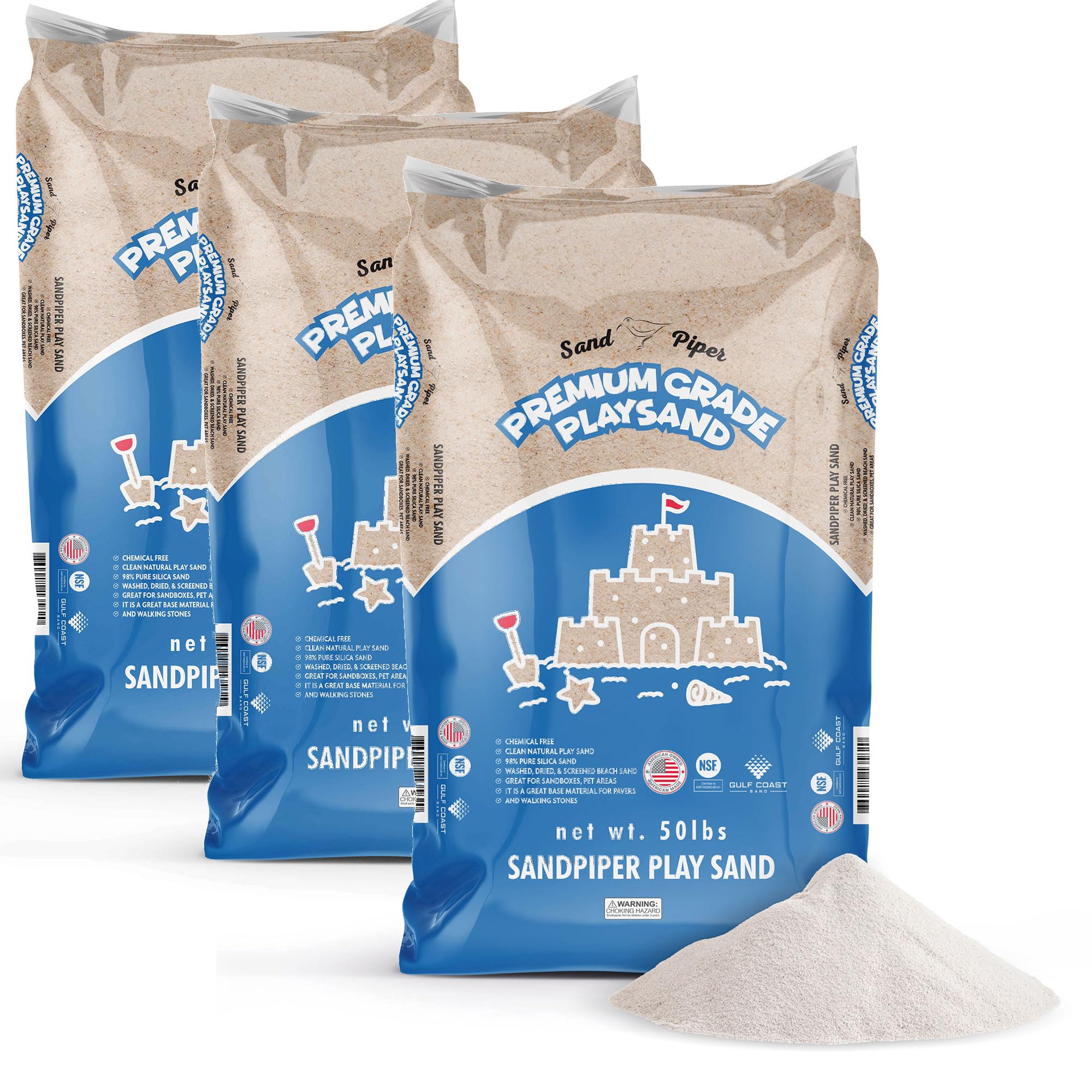OptiFlow Sandpiper 50lb Premium Play Sand - Non-Toxic, Chemical-Free for Kids Sandbox, Pet Areas, Pavers & Landscaping - Safe for Children & Pets - 3 Pack - Perfect for Outdoor Play & DIY Projects