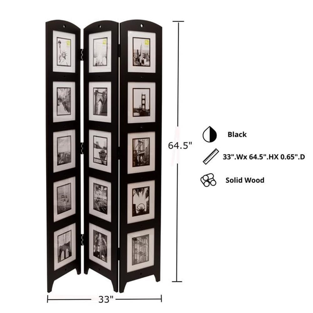 Pemberly Row Contemporary Black Solid Wood 3-Photo Privacy Panel Room Divider - Perfect for Home Office, Studio, and Living Room Space Separation
