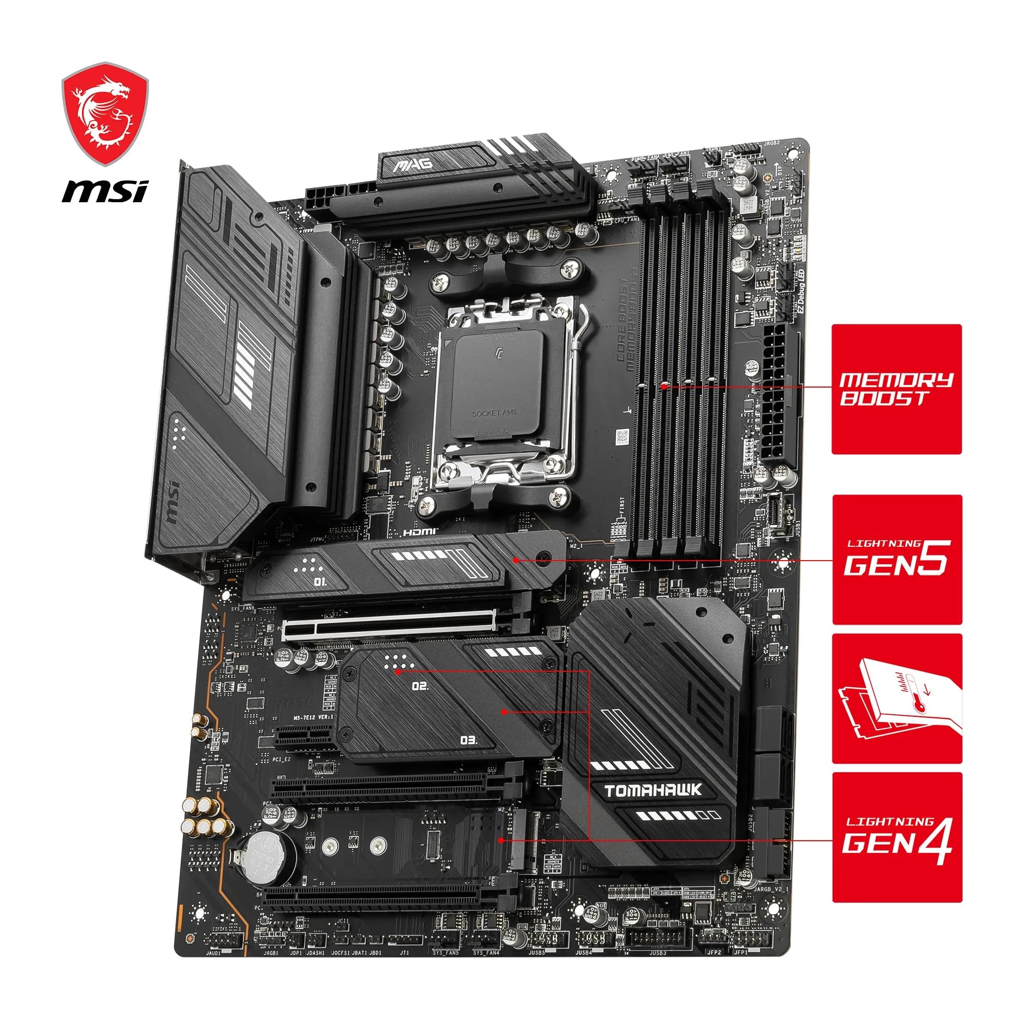 MSI MAG X670E Tomahawk WiFi ATX Gaming Motherboard - Supports AMD Ryzen 7000 Series Processors, AM5 Socket, 80A SPS VRM, DDR5 6600+MHz/OC, PCIe 5.0 x16, M.2 Gen5, Wi-Fi 6E - Perfect for High-End Gaming PCs and Content Creation Workstations