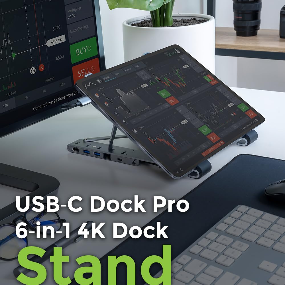 IOGEAR Dock Pro 6-in-1 4K Adjustable Laptop Stand with Docking Station - HDMI 4K@30Hz, 2x USB-A, USB-C, Gigabit Ethernet, 100W PD Charging - Compatible with Windows 10/11 & macOS - Perfect for Home Office, Remote Work & Multi-Monitor Setup
