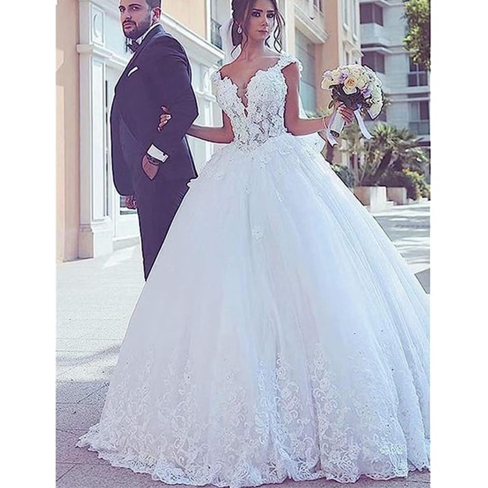 Elegant V-Neck Beaded Lace Tulle Wedding Dress for Bride - Ball Gown Bridal Gown for Women | Perfect for Church Ceremony, Beach Wedding & Formal Reception