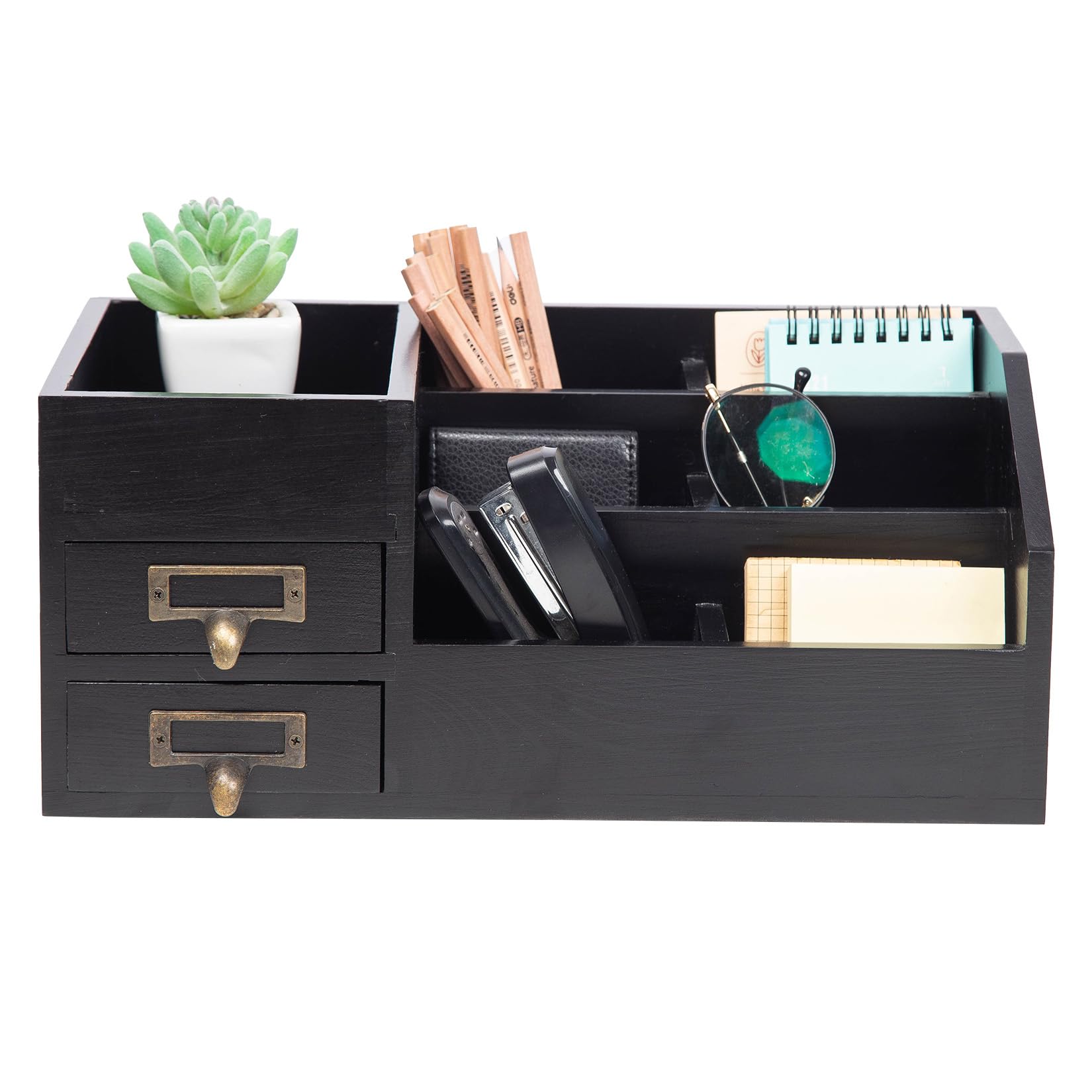 Distressed Rustic Wooden Office Desktop Organizer - 2-Tier Drawer Shelf with Multiple Compartments | Jewelry Storage Display Box for Desk, Vanity & Home Decor | Perfect for Organizing Office Supplies, Cosmetics & Small Accessories (Black)