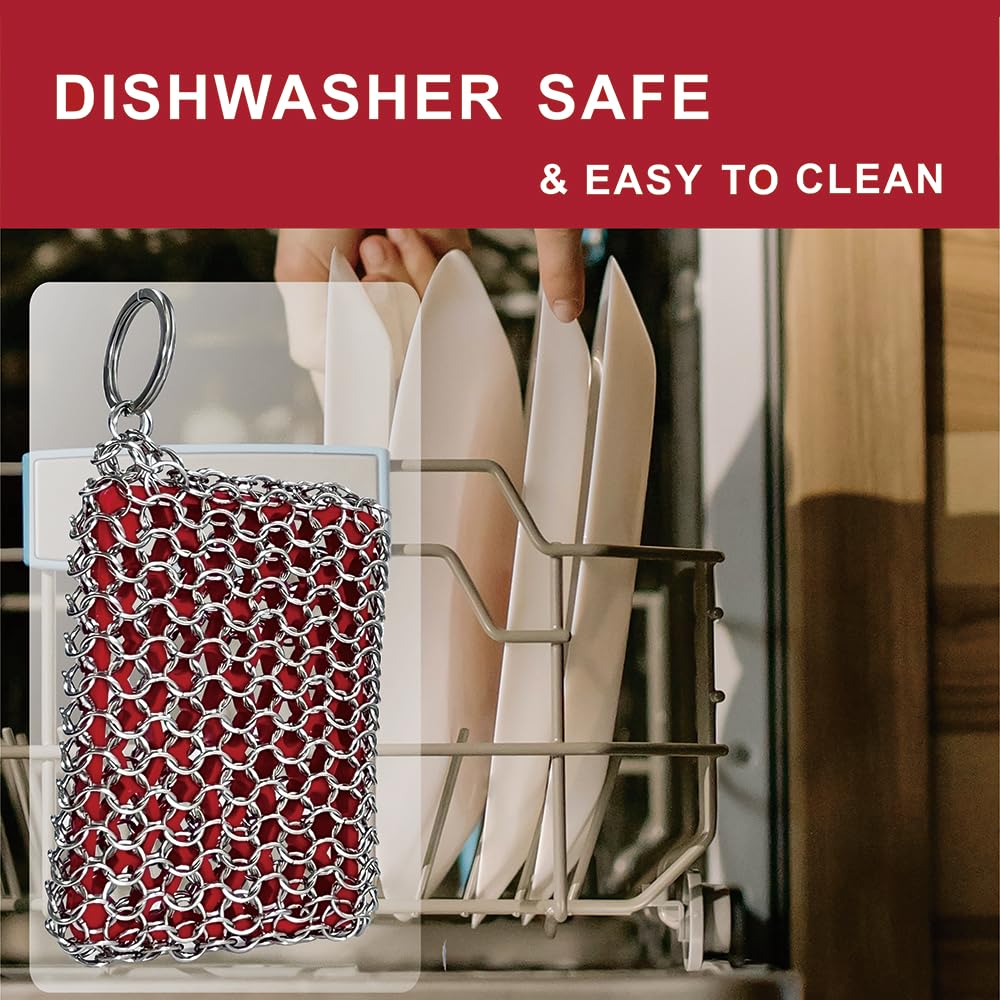 **Premium 316 Stainless Steel Chainmail Scrubber with Red Silicone Grip - Heavy Duty Cast Iron Pan Cleaner & Skillet Scrubber - Perfect for Grill, Dutch Oven, and Carbon Steel Cookware Cleaning**