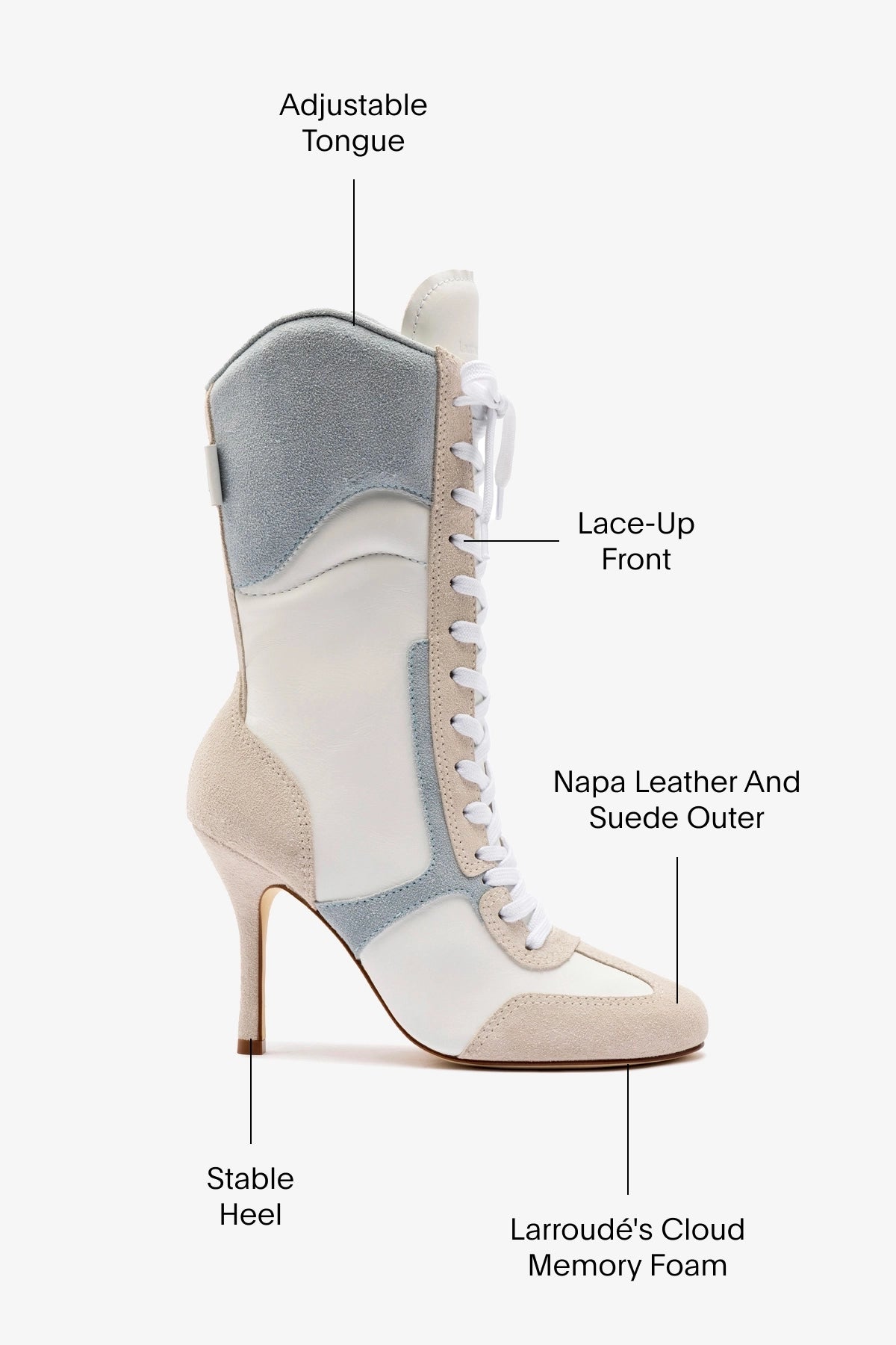 Larroudé x Jonathan Cohen White Leather High Heel Sneaker Boot with Maya & Mushroom Grey Suede - Stylish Women's Fashion for Parties, Work & Night Out