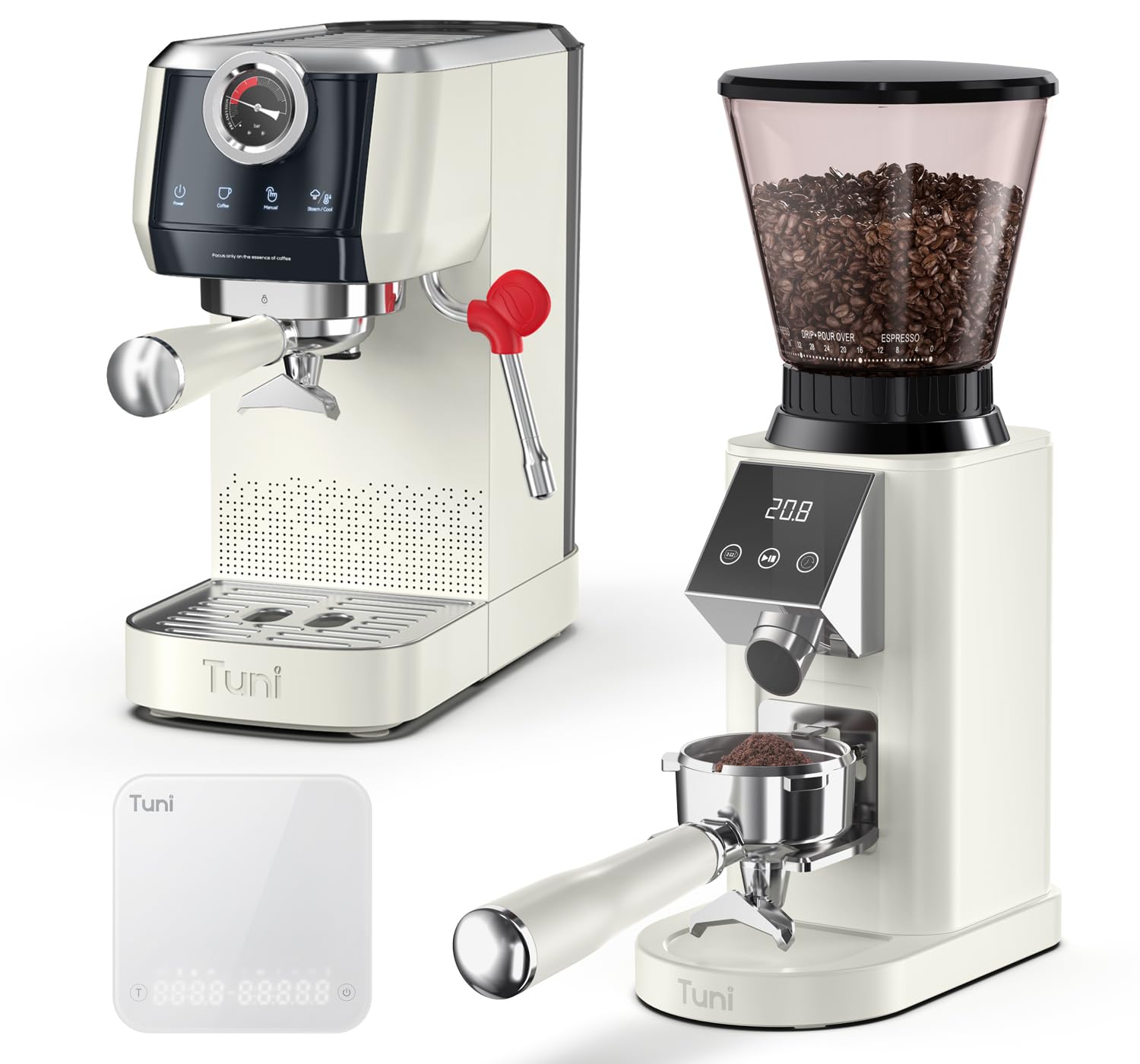 Premium Tuni E2 58mm Espresso Machine with G1 Conical Burr Grinder & Digital Coffee Scale - Professional Barista Kit for Home Brewing, Latte Art & Specialty Coffee Making