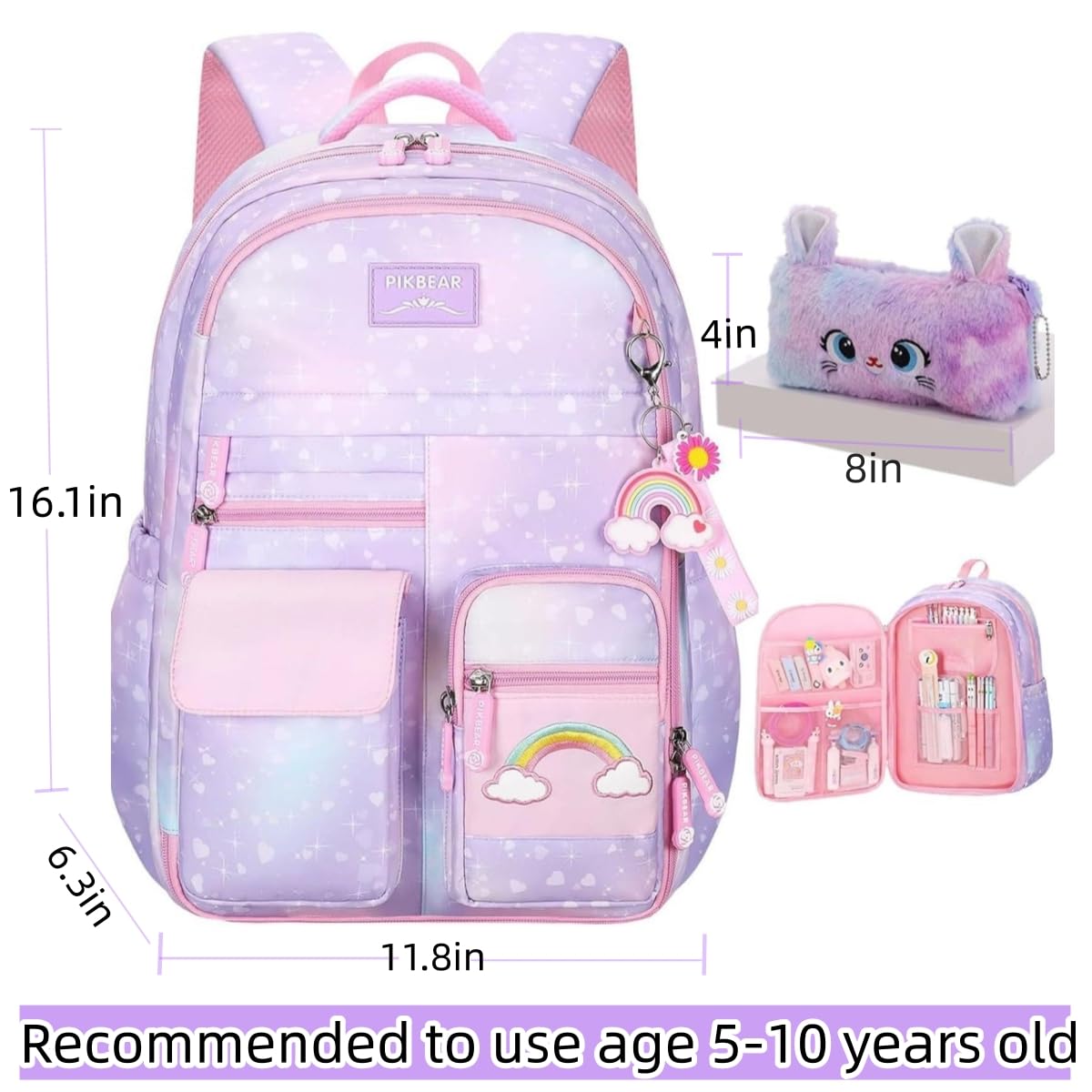 Cute Rainbow Girls Backpack for School - Kawaii Kids Book Bag for Elementary & Primary Students | Perfect for Daily Use, Classroom, Travel & Outdoor Activities