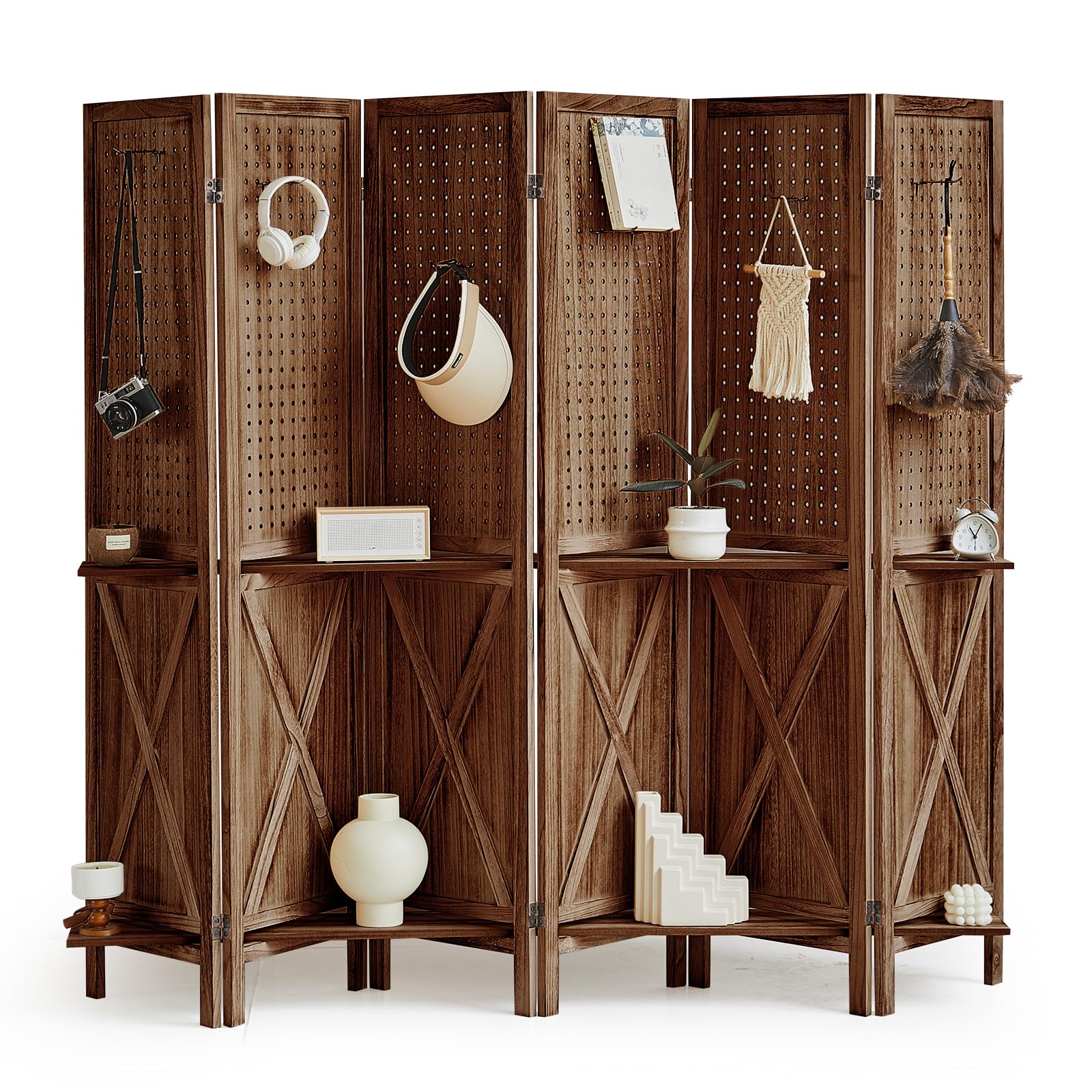 6 Panel Solid Wood Room Divider with Shelves & Pegboard - 5.6Ft Freestanding Display Organizer with 24 Hooks - Multi-Purpose Wall Organizer for Craft Shows, Jewelry Stores, Retail Boutiques & Clothing Displays - Perfect for Home Office, Trade Shows & Store Displays (Brown)