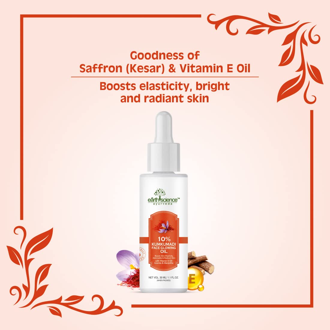 Earth Science Ayurveda 10% Kumkumadi Face Glow Oil with Vitamin E & Licorice Extract - 30ml Anti-Aging Facial Oil for Radiant, Youthful Skin | Day & Night Moisturizer for Dry, Dull Complexion