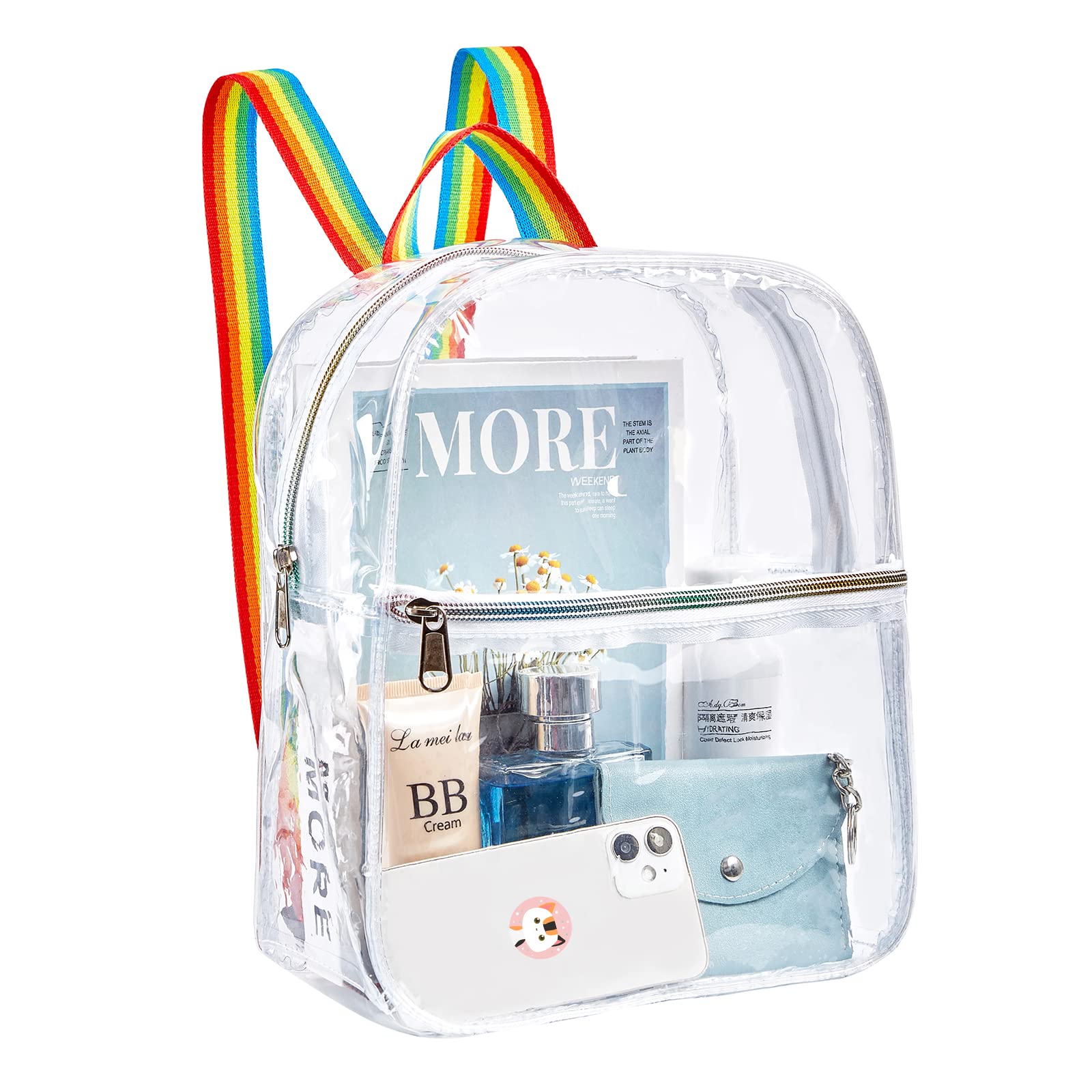 Stadium Approved Clear PVC Backpack - Heavy Duty Cold-Resistant Transparent Backpack for Work, Security Travel & Sports Events (White Rainbow) | Perfect for Concerts, Airports, Theme Parks & School Safety