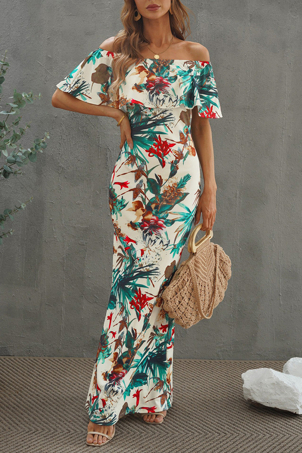 Floral Print Layered Off Shoulder Maxi Dress for Women - Summer Beach Wedding Party & Vacation Outfit