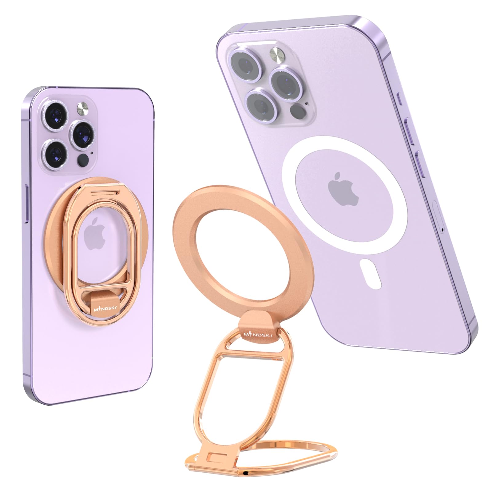MINDSKY Magnetic Phone Stand & Grip - Compatible with iPhone 12/13/14/15 Mini/Pro/Pro Max, Removable Mag-Safe Ring Holder with Strong Magnet (Rose Gold Pink) - Perfect for Hands-Free Viewing, Gaming, and Video Calls