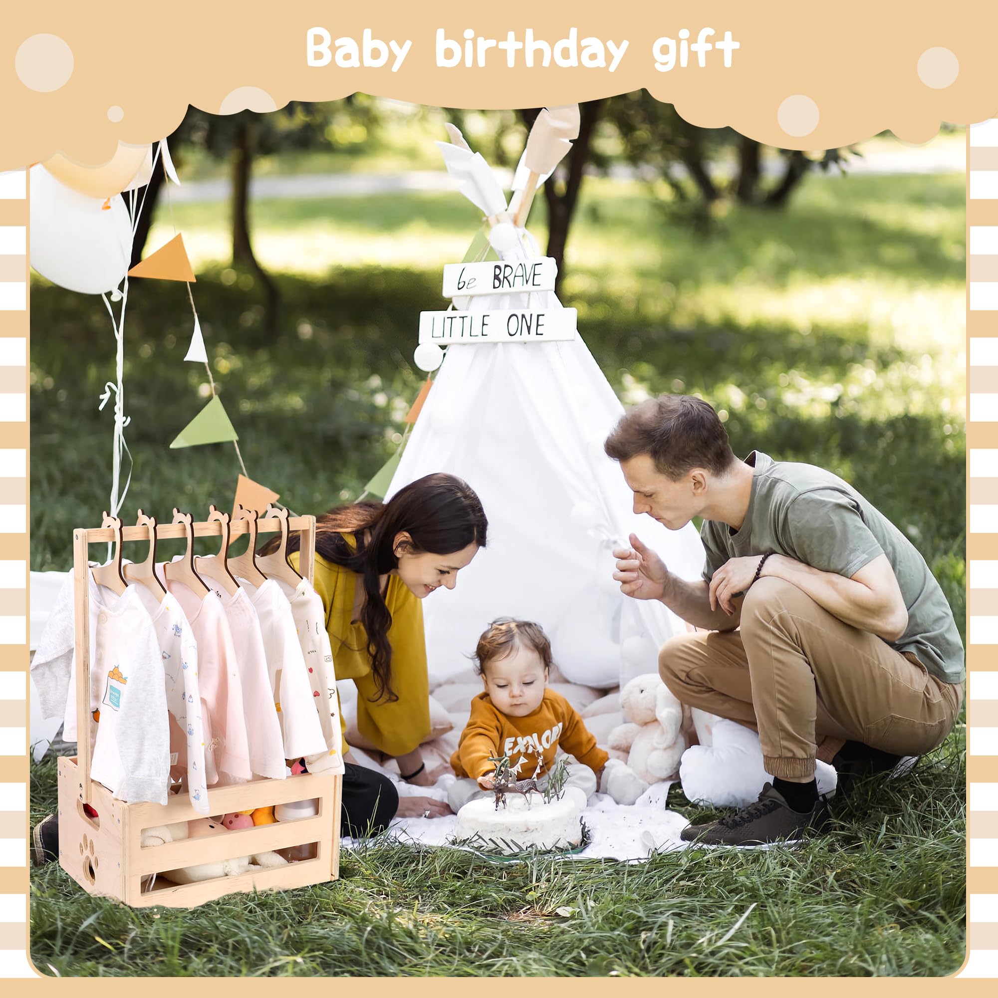Wooden Baby Shower Gift Crate - Personalized Baby Storage Basket with Handle & 6 Teddy Bear Hangers - Perfect Baby Welcome Gift for New Parents & Pregnancy Announcements - Nursery Organization & Baby Closet Storage Solution
