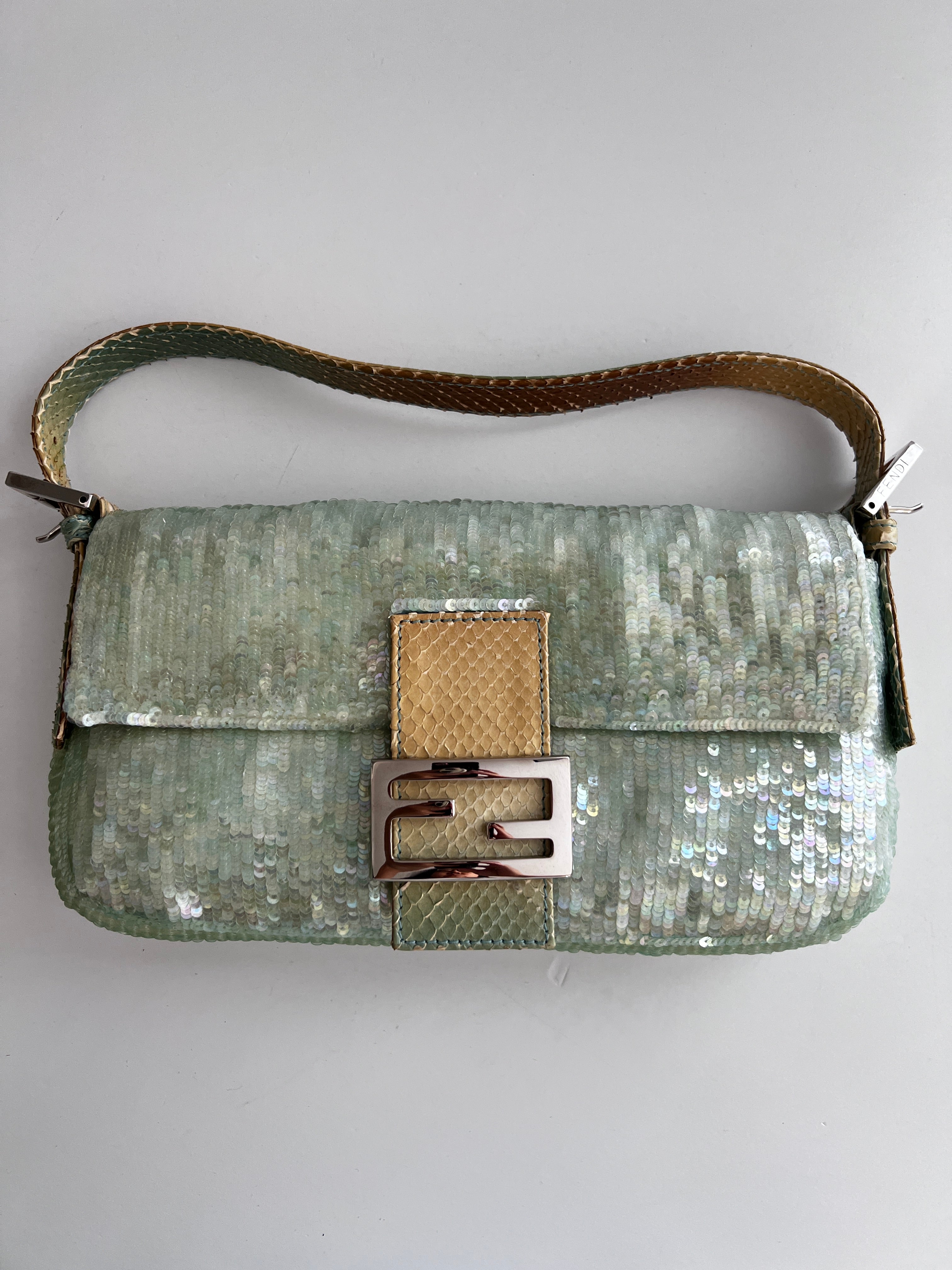 Vintage Fendi Mint Green Sequin Baguette Shoulder Bag - 90s Retro Designer Handbag for Women | Perfect for Evening Parties, Weddings & Special Occasions