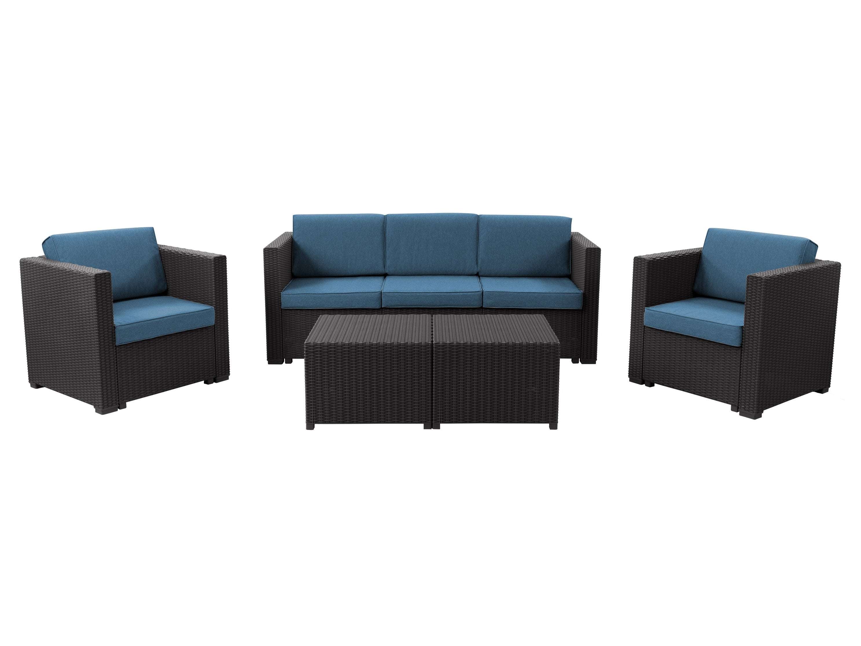 5-Piece Black and Blue Outdoor Patio Furniture Set - Durable Wicker Chairs & Glass Table for Garden, Deck, Poolside, or Backyard Relaxation