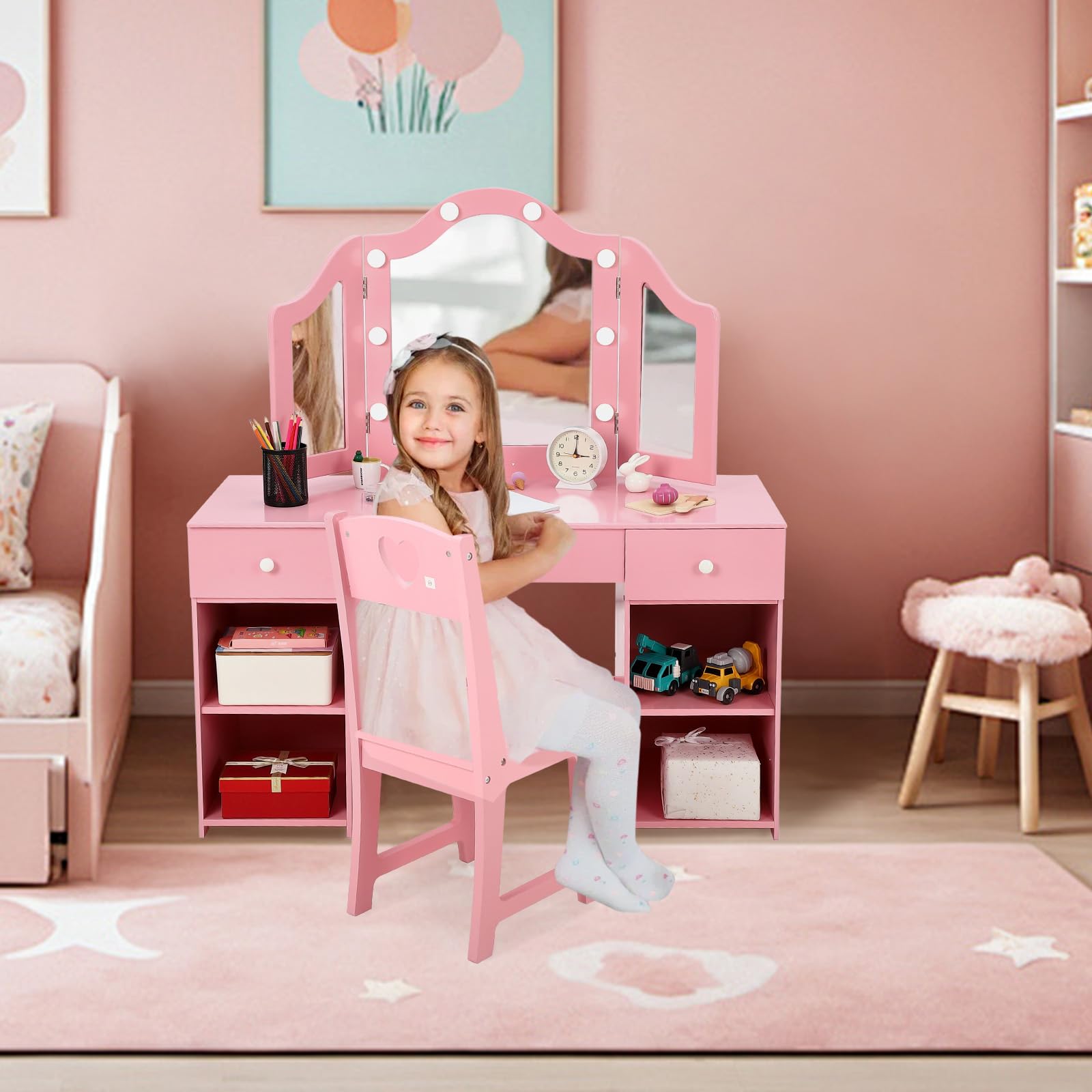Princess Makeup Vanity Table Set for Girls - Wooden Kids Dressing Table with Touch Light, Detachable Tri-Folding Mirror & Open Storage Shelves - Perfect for Pretend Play, Birthday Gifts & Bedroom Decor (Pink/White)