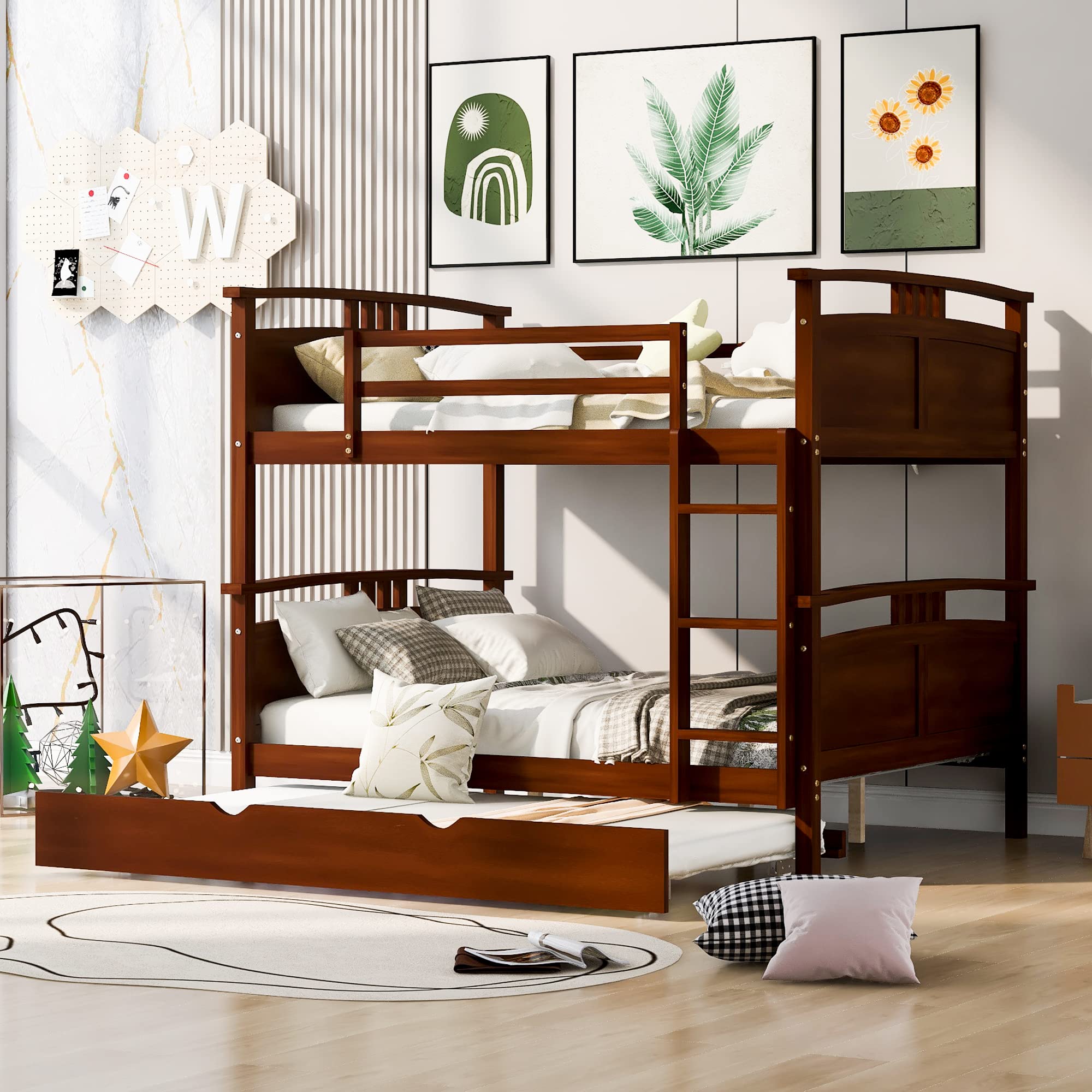 P PURLOVE Full-Over-Full Bunk Bed with Twin Trundle - Convertible to 2 Separate Bed Frames - Solid Wood Bunk Bed with Slats - No Box Spring Needed - Perfect for Kids' Rooms, Guest Rooms & Small Spaces