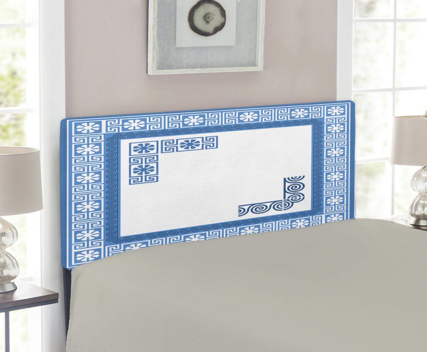 Ambesonne Greek Themed Upholstered Headboard - Vintage White Floral & Fret Pattern Metal Bed Frame with Memory Foam - Twin Size Blue & White - Perfect for Mediterranean & Boho Bedroom Decor