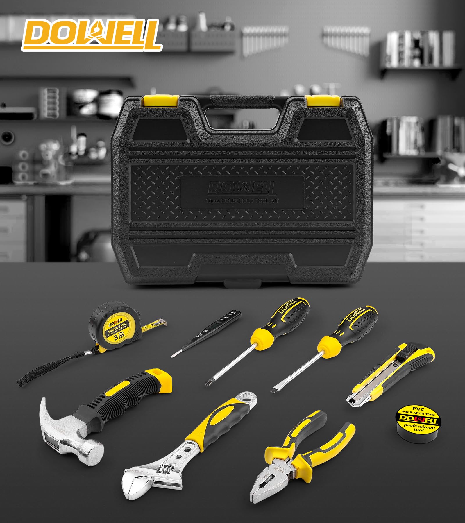 DOWELL 10-Piece Mini Portable Tool Kit with Plastic Storage Case - Compact Hand Tool Set for Home Repair, DIY Projects & Emergency Fixes - Perfect for Household Maintenance, Car Repairs & Crafting
