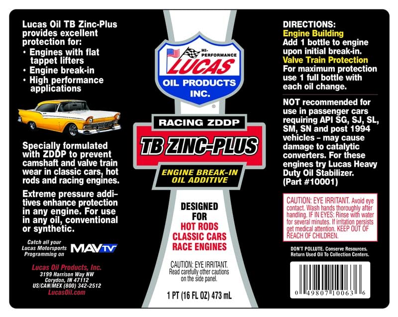 Lucas Oil 10063 Engine Break-In Oil Additive with TB Zinc Plus - 16oz (12 Pack) | High Performance Motor Oil Treatment for New & Rebuilt Engines | Ideal for Muscle Cars, Classic Cars & High Mileage Vehicles