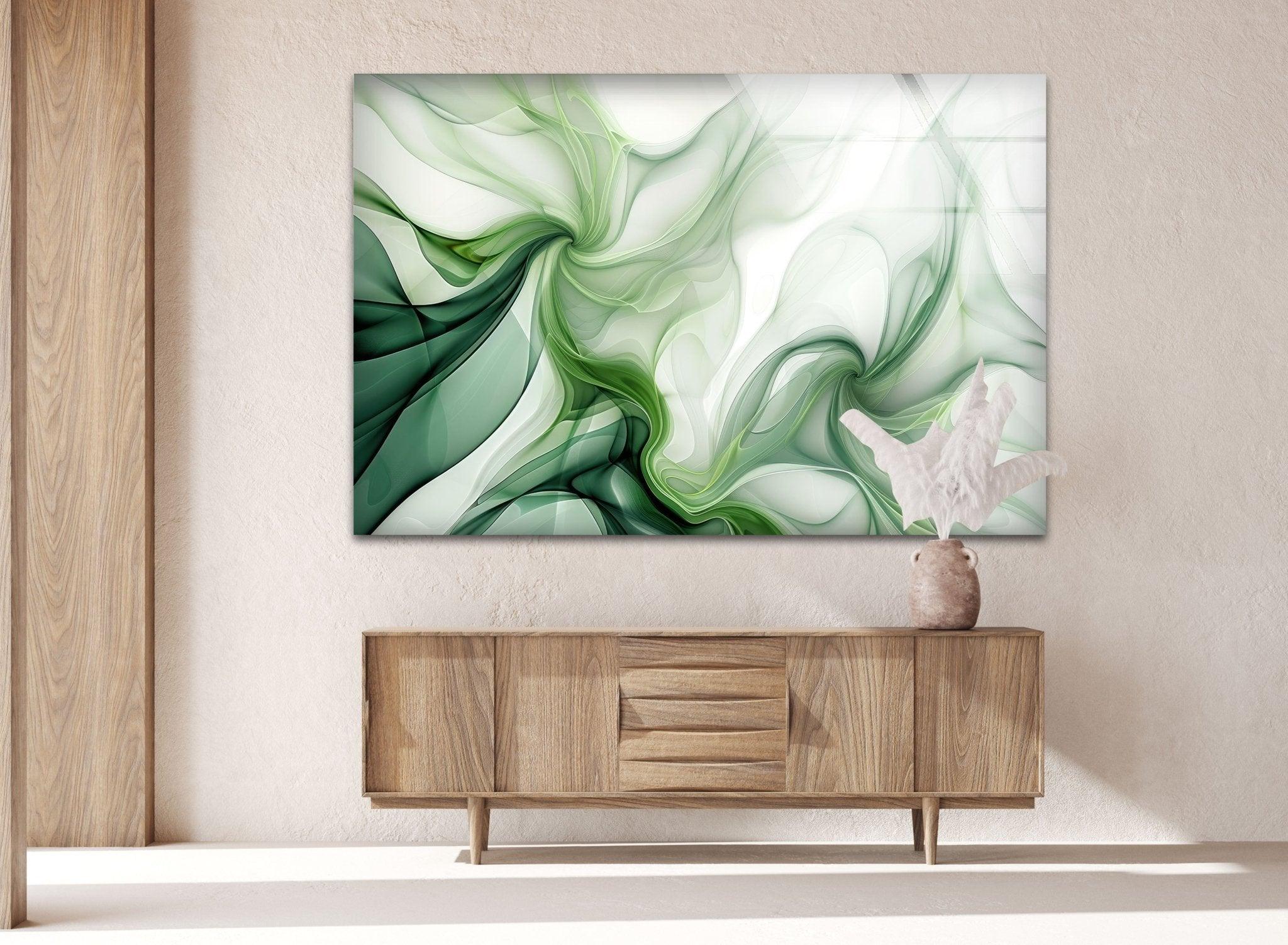 Abstract Green Ink Splash Glass Wall Art - Modern Home Decor for Living Room, Bedroom & Office - Unique Handmade Glass Painting for Contemporary Interior Design
